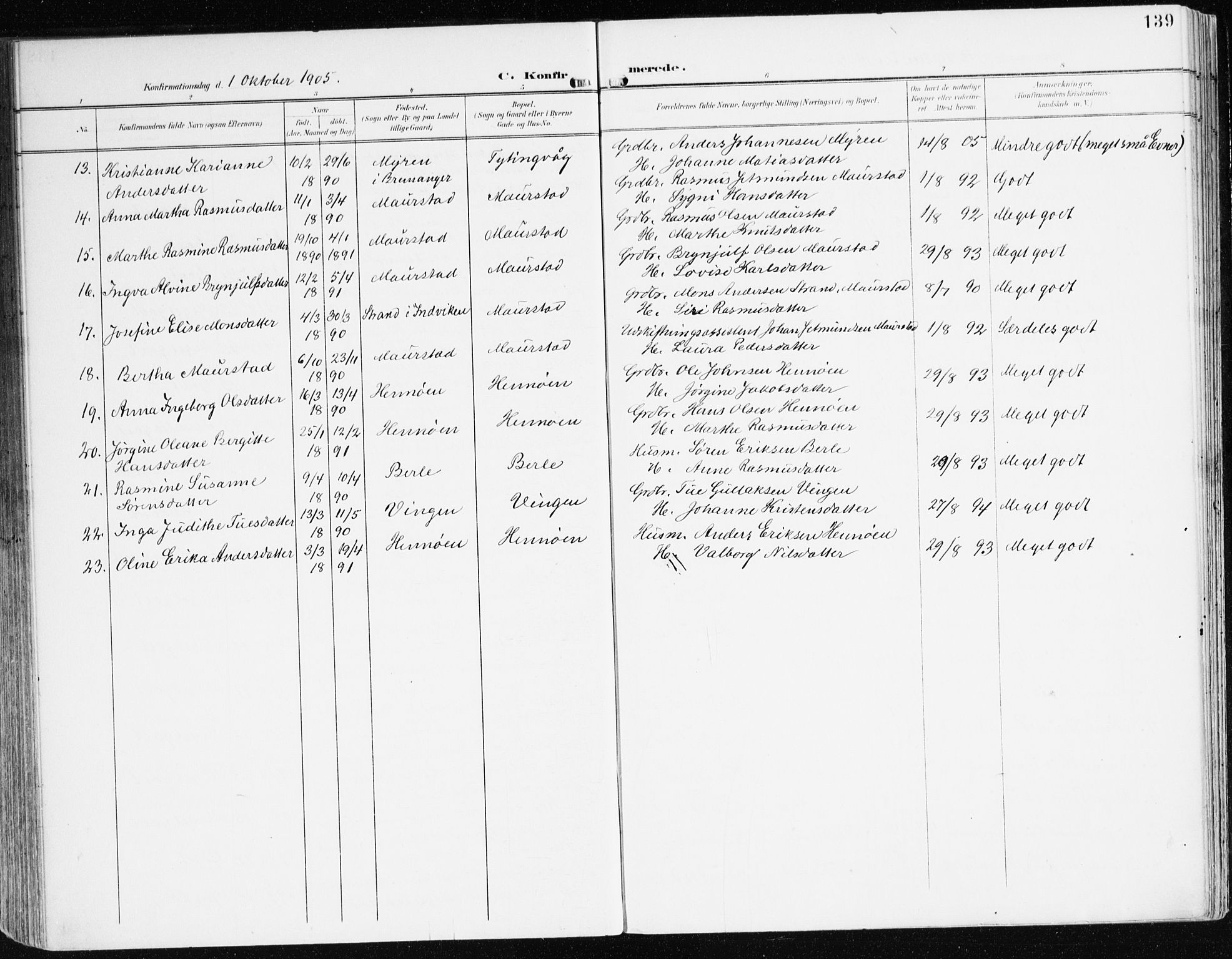 Davik sokneprestembete, AV/SAB-A-79701/H/Haa/Haad/L0002: Parish register (official) no. D 2, 1901-1930, p. 139