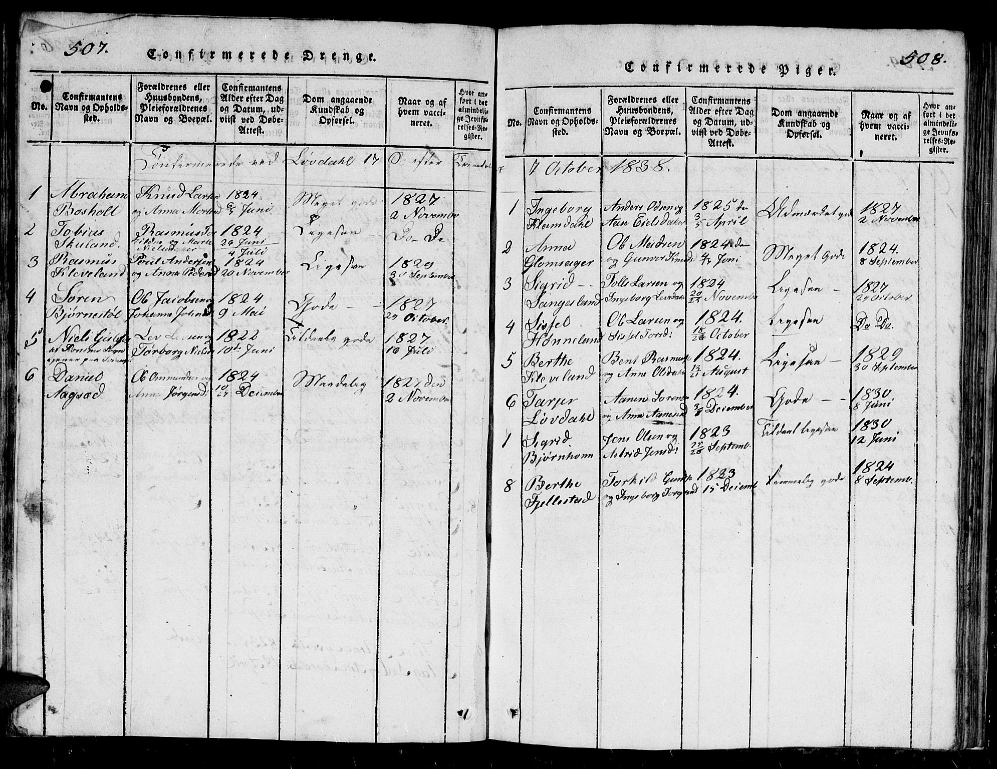 Holum sokneprestkontor, SAK/1111-0022/F/Fb/Fbb/L0001: Parish register (copy) no. B 1, 1820-1847, p. 507-508