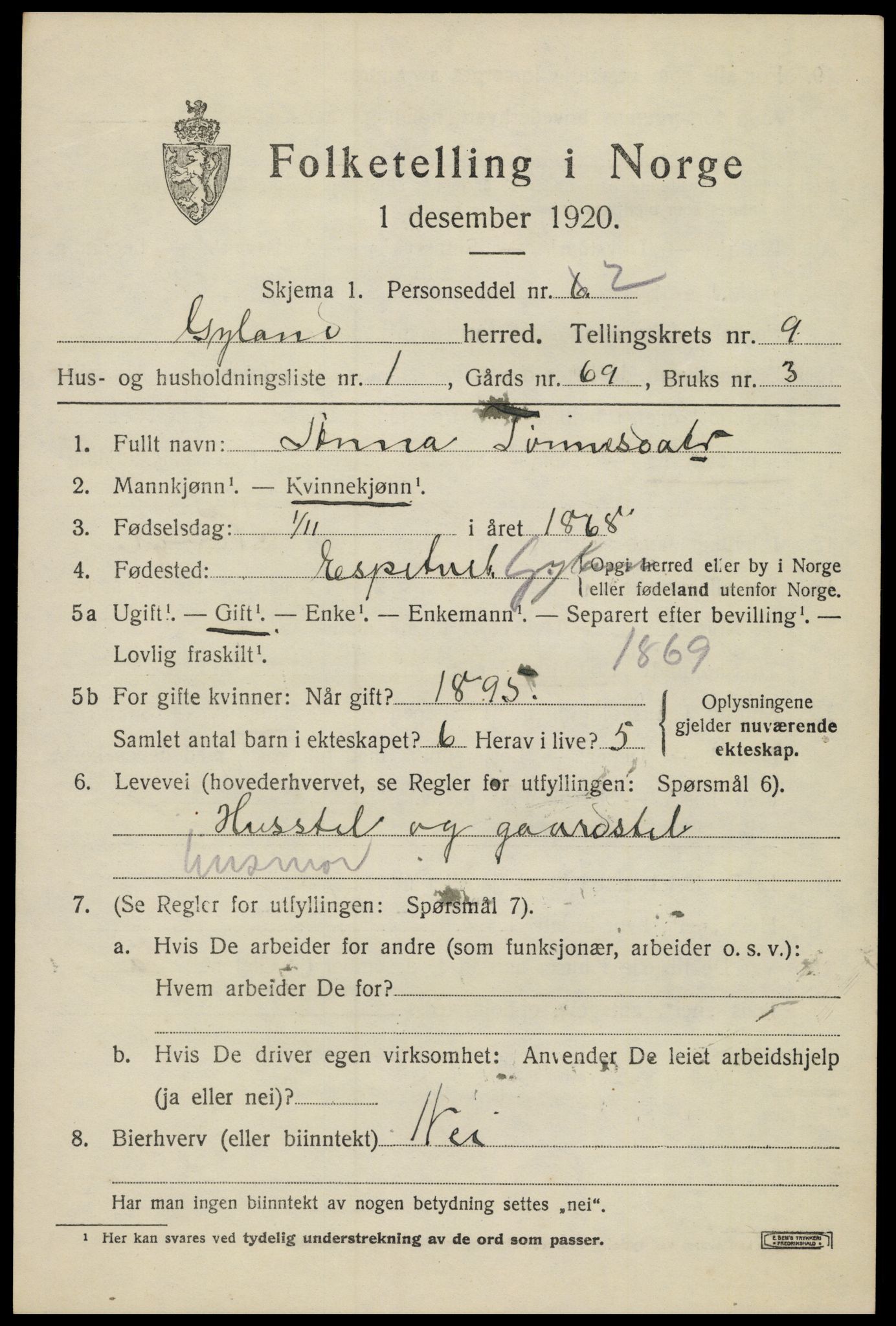 SAK, 1920 census for Gyland, 1920, p. 1984