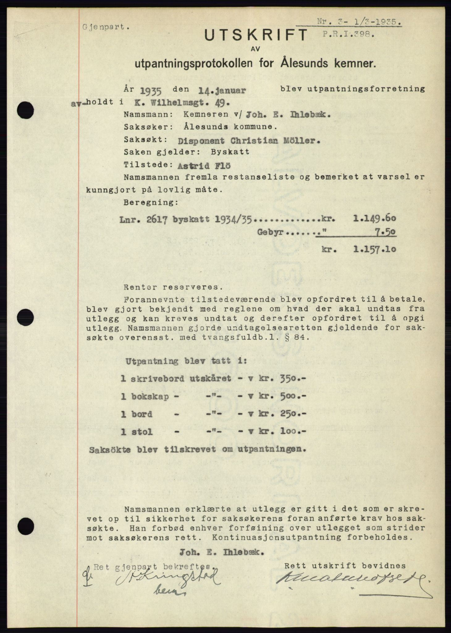 Ålesund byfogd, AV/SAT-A-4384: Mortgage book no. 32, 1934-1935, Deed date: 01.03.1935