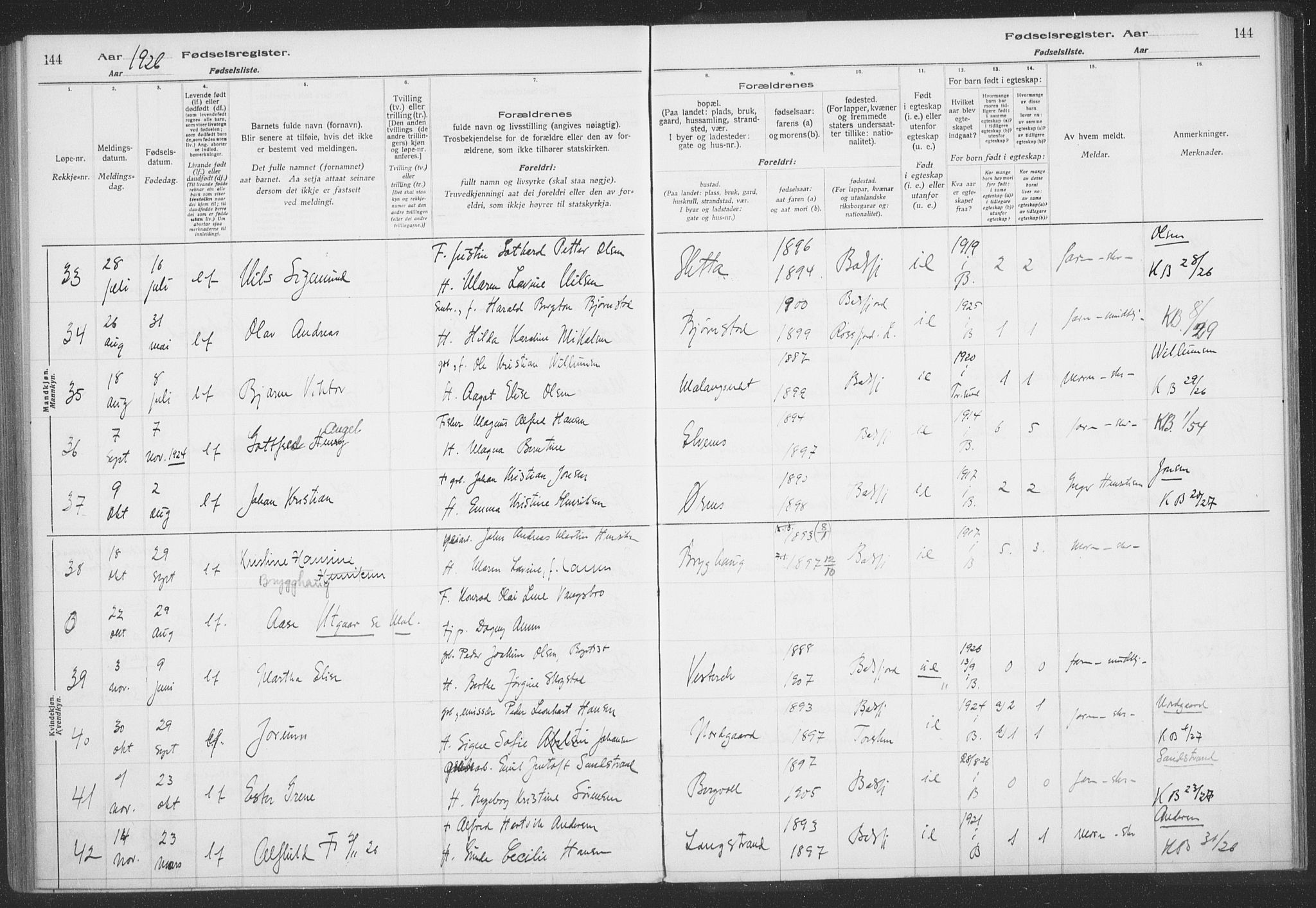 Balsfjord sokneprestembete, AV/SATØ-S-1303/H/Hb/L0059: Birth register no. 59, 1916-1930, p. 144