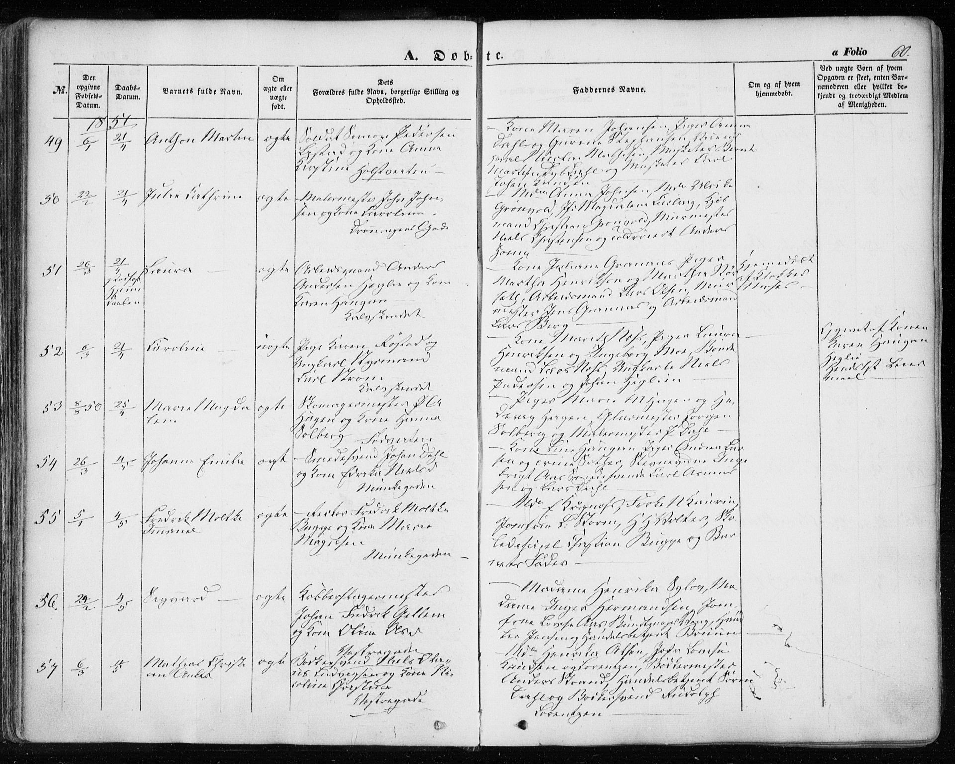 Ministerialprotokoller, klokkerbøker og fødselsregistre - Sør-Trøndelag, SAT/A-1456/601/L0051: Parish register (official) no. 601A19, 1848-1857, p. 60