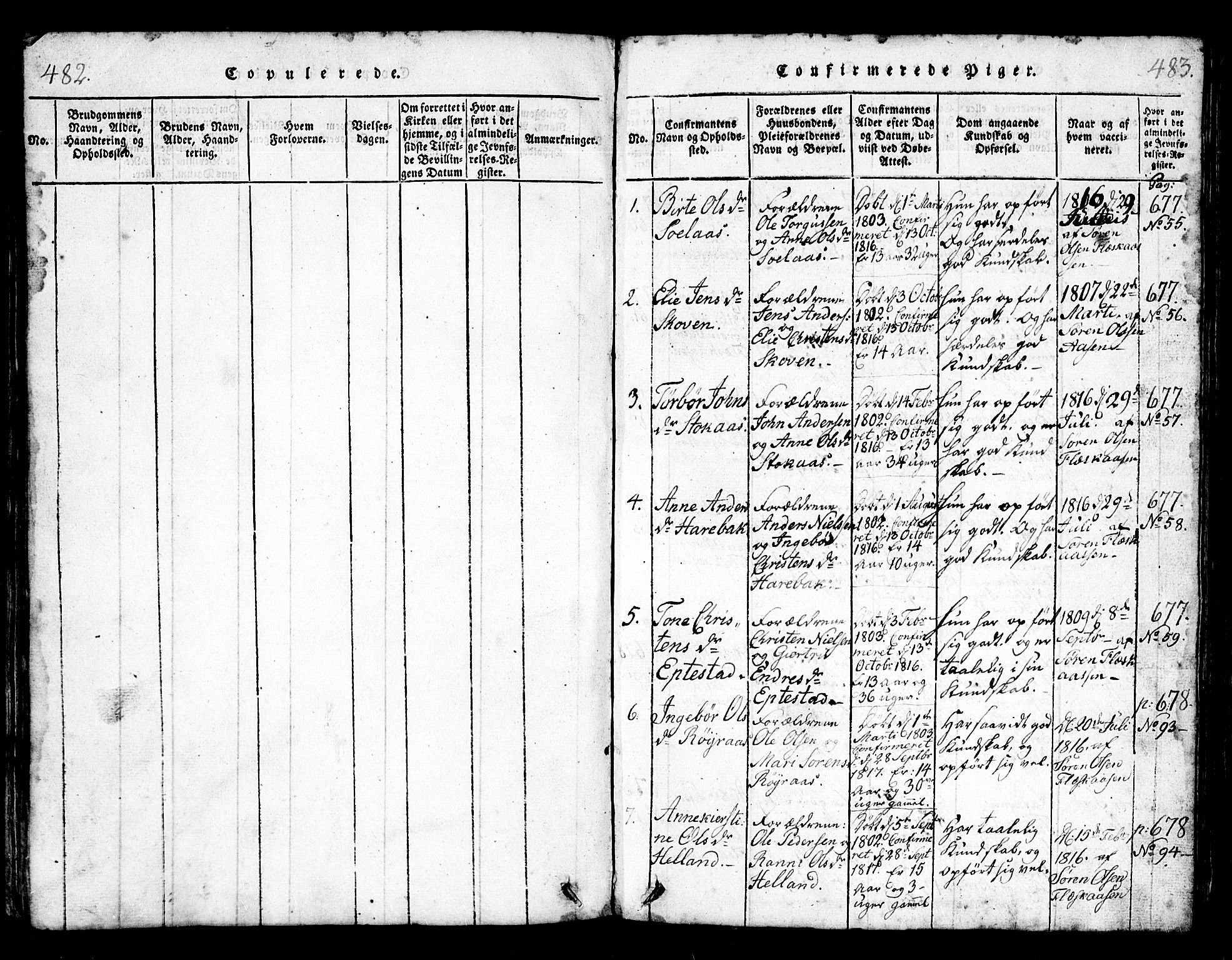 Bjelland sokneprestkontor, AV/SAK-1111-0005/F/Fb/Fbb/L0003: Parish register (copy) no. B 3, 1816-1868, p. 482-483