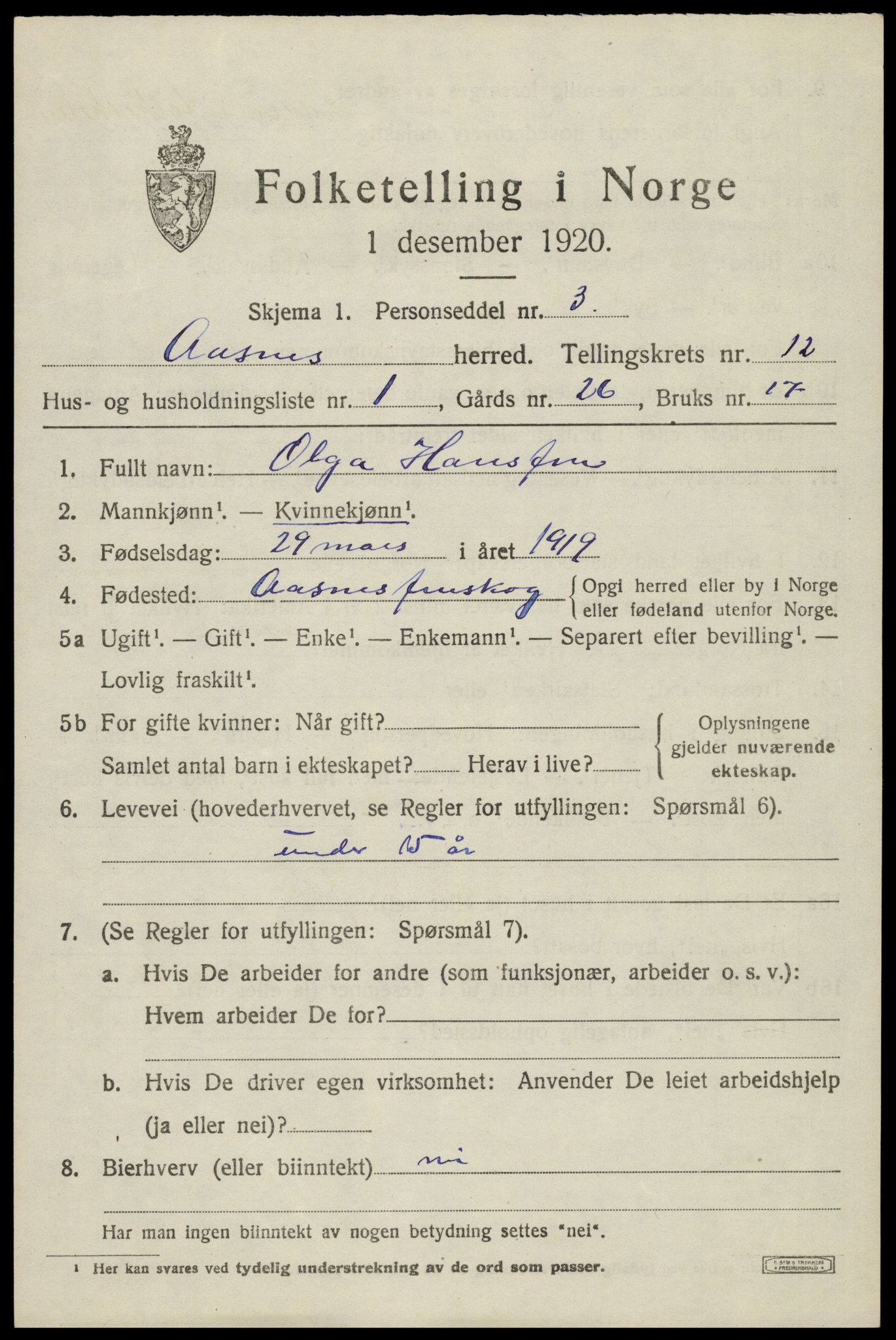 SAH, 1920 census for Åsnes, 1920, p. 12200