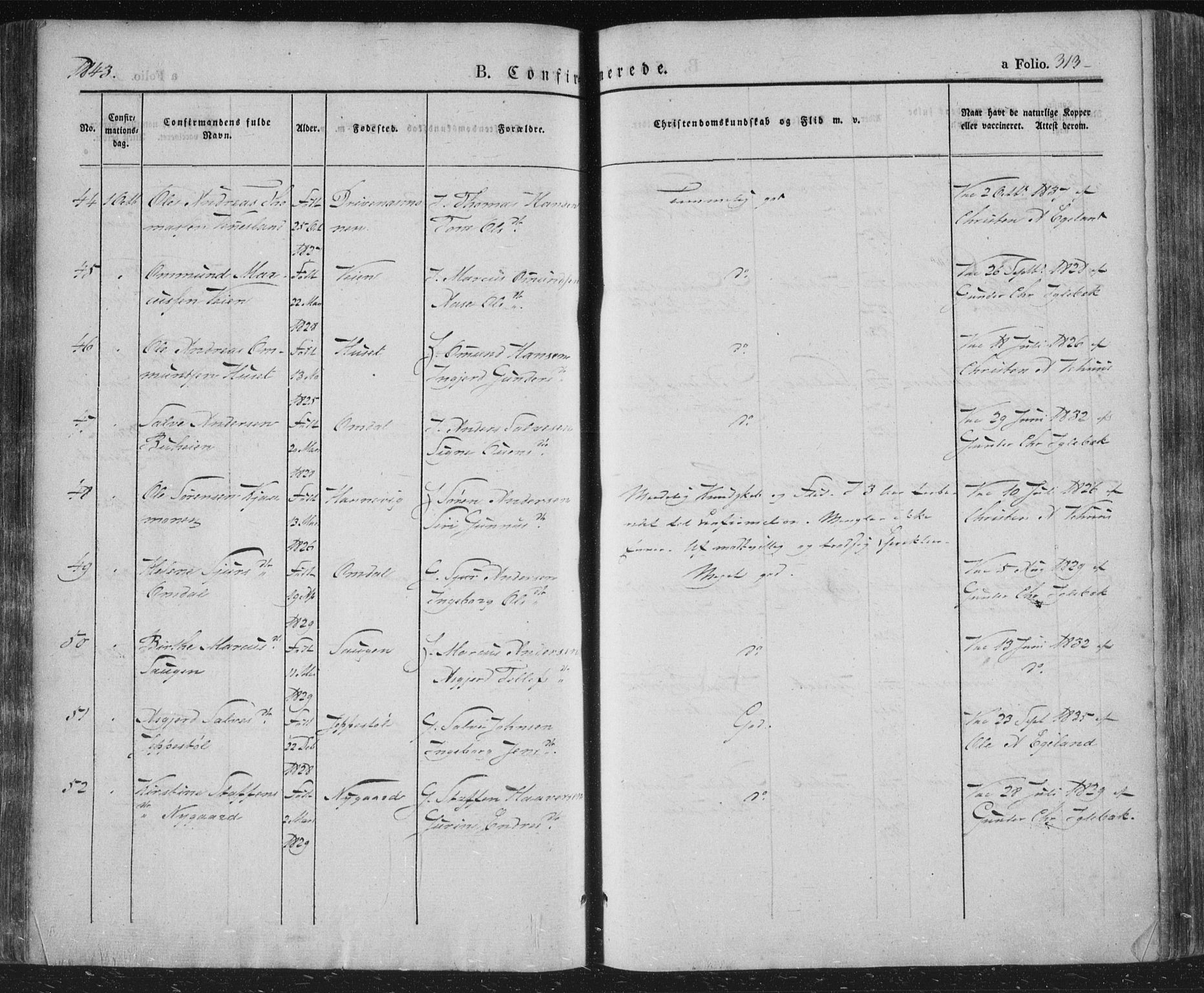 Vennesla sokneprestkontor, AV/SAK-1111-0045/Fa/Fac/L0004: Parish register (official) no. A 4, 1834-1855, p. 313