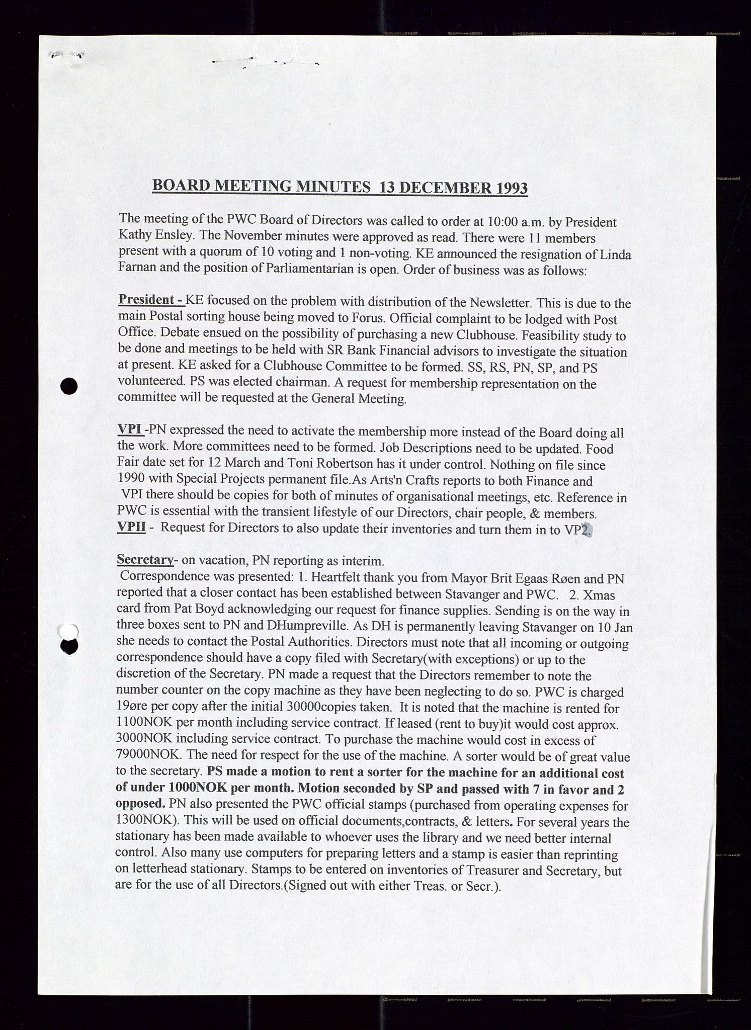 PA 1547 - Petroleum Wives Club, AV/SAST-A-101974/A/Aa/L0002: Board and General Meeting, 1986-1994