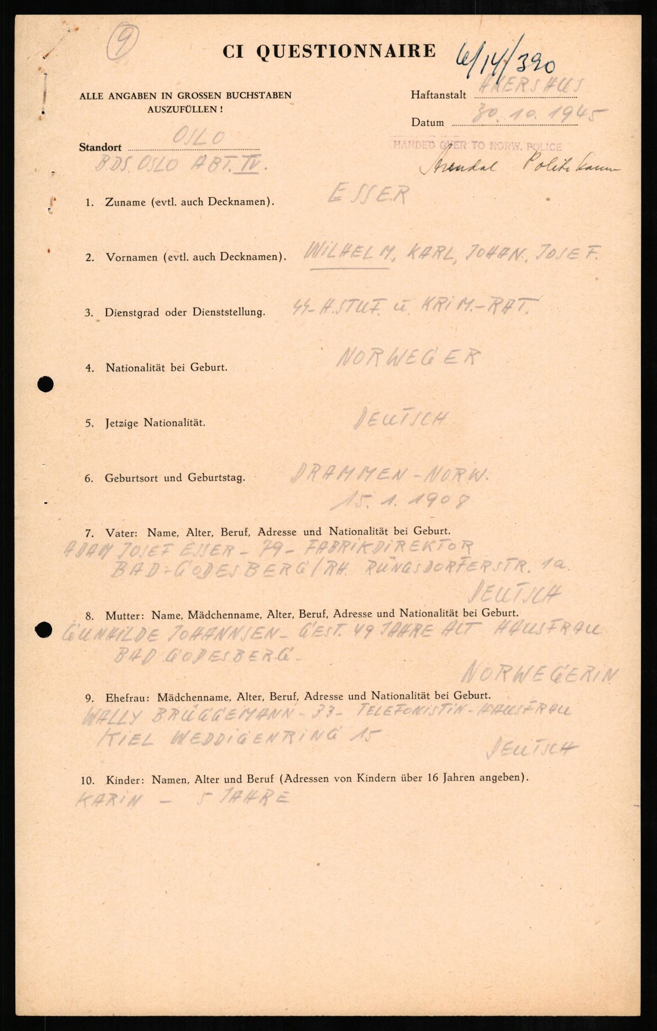 Forsvaret, Forsvarets overkommando II, RA/RAFA-3915/D/Db/L0007: CI Questionaires. Tyske okkupasjonsstyrker i Norge. Tyskere., 1945-1946, p. 252