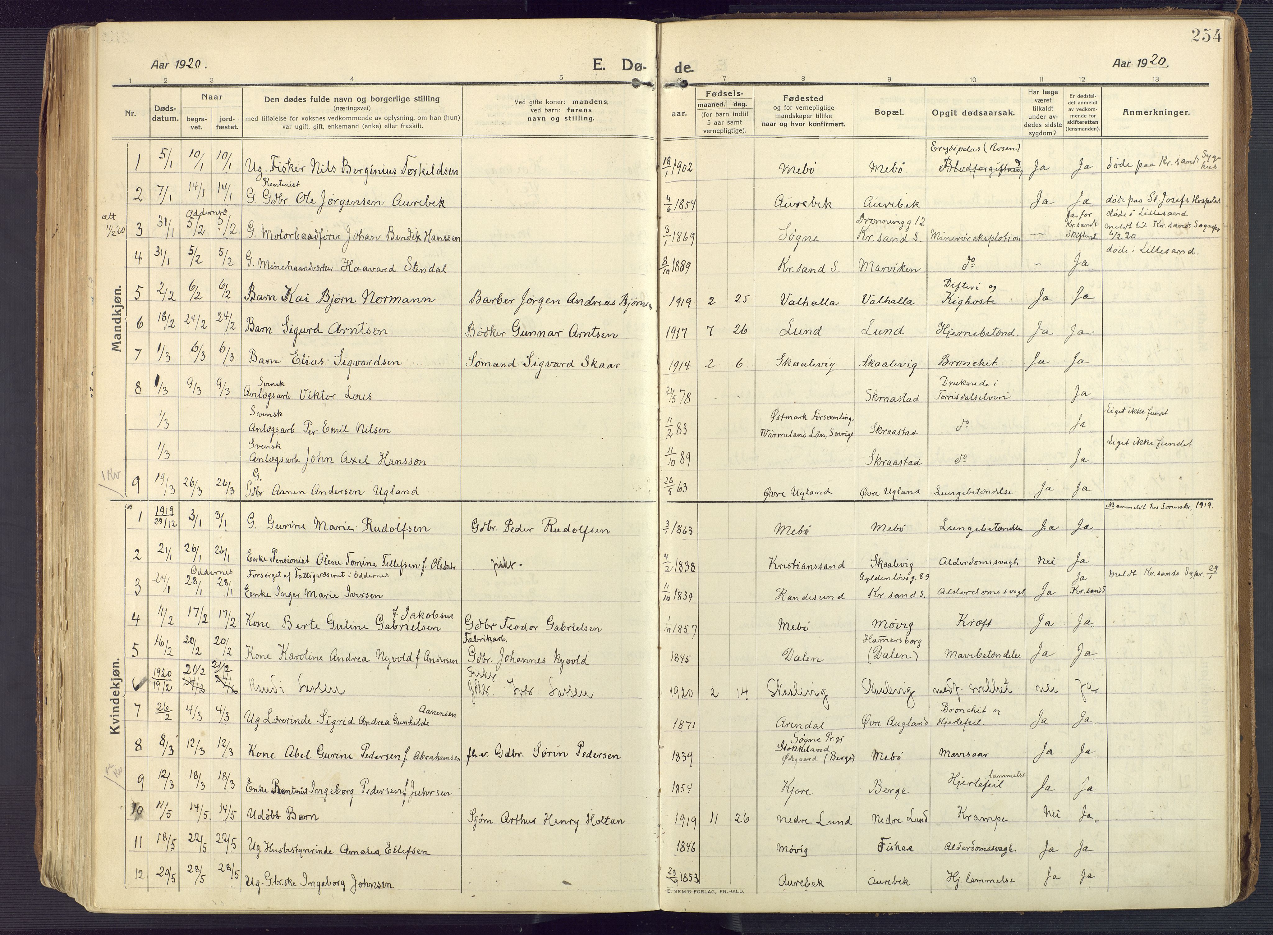 Oddernes sokneprestkontor, AV/SAK-1111-0033/F/Fa/Faa/L0012: Parish register (official) no. A 12, 1912-1925, p. 254