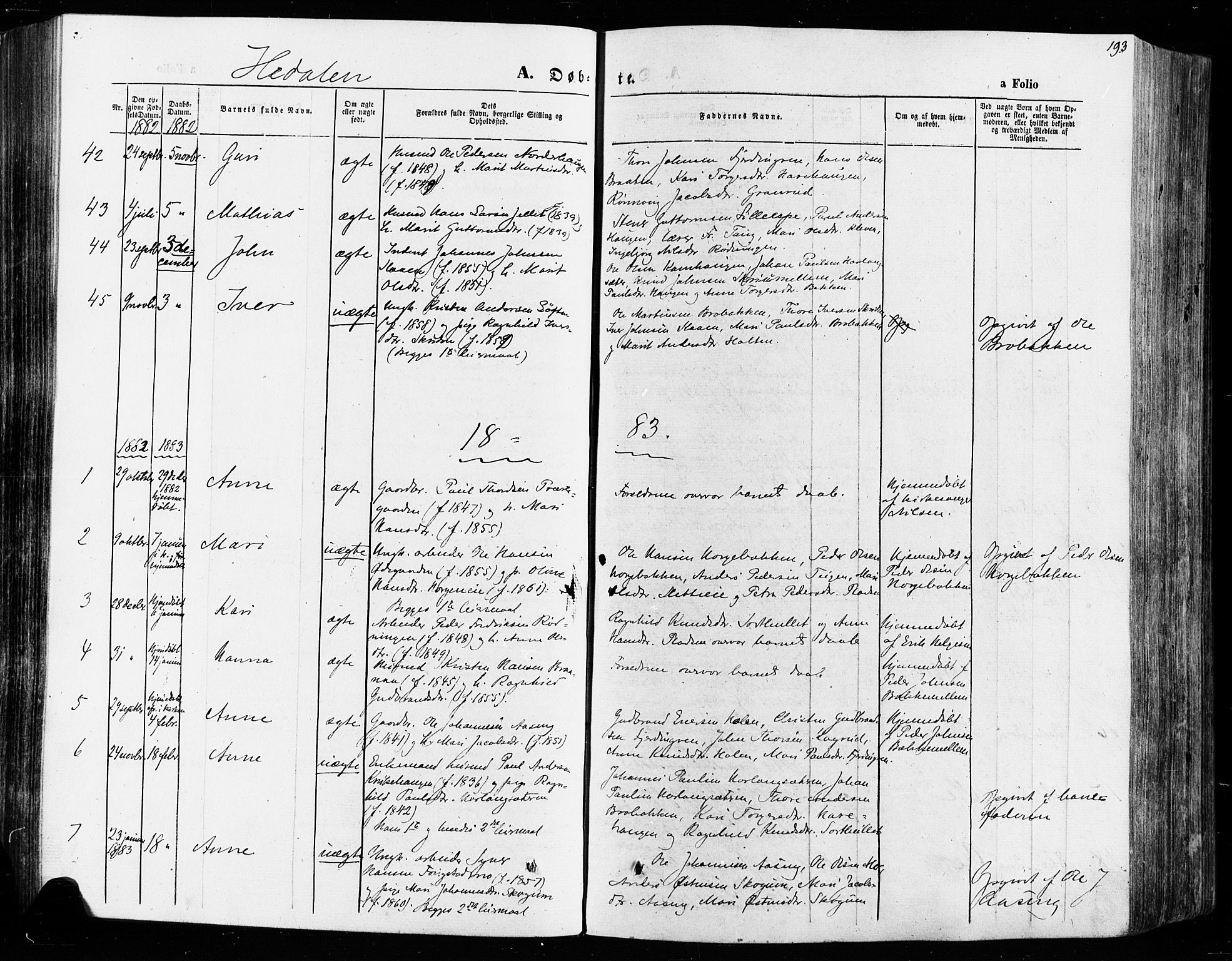 Vågå prestekontor, SAH/PREST-076/H/Ha/Haa/L0007: Parish register (official) no. 7 /2, 1873-1886, p. 193