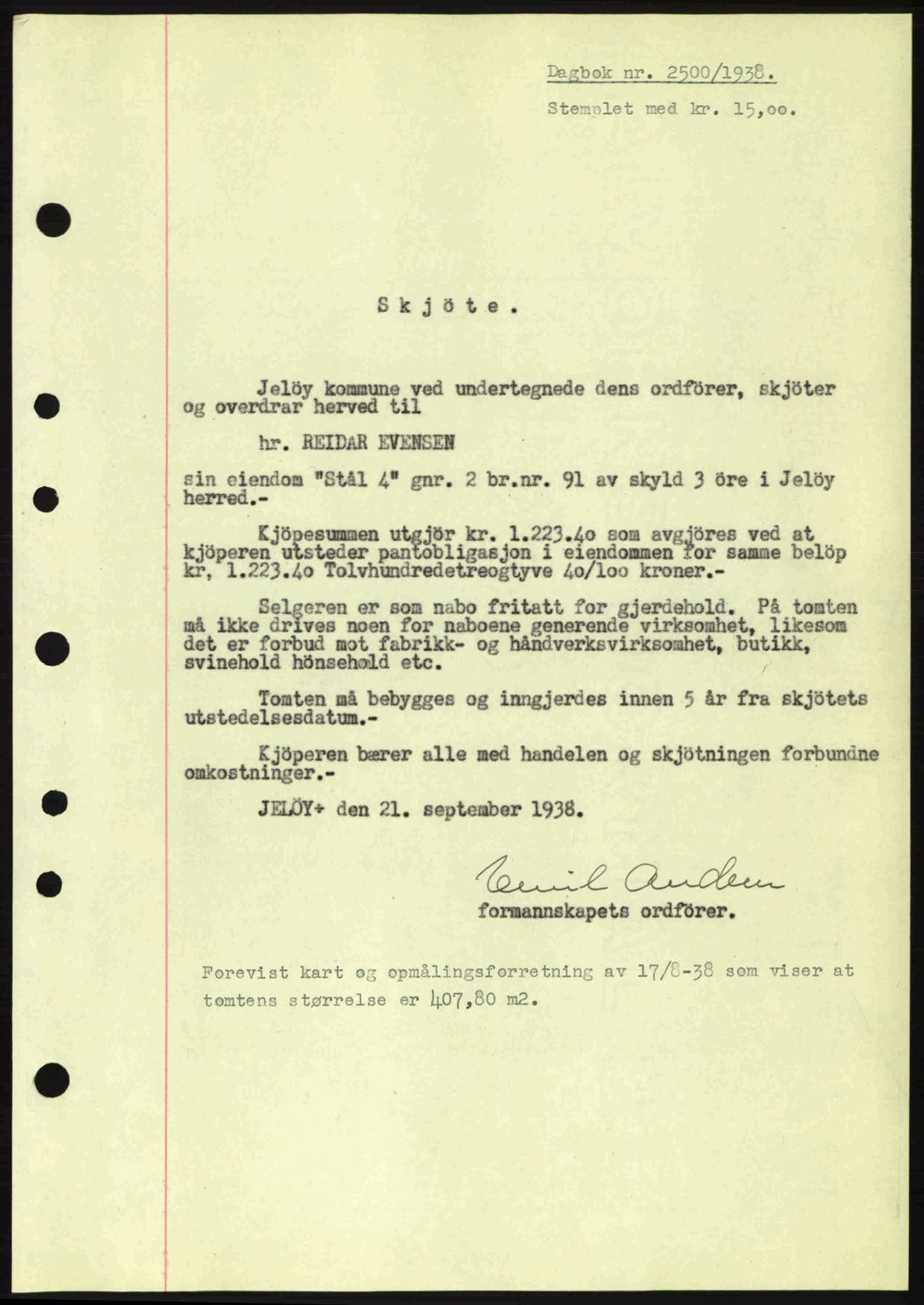 Moss sorenskriveri, SAO/A-10168: Mortgage book no. A5, 1938-1939, Diary no: : 2500/1938