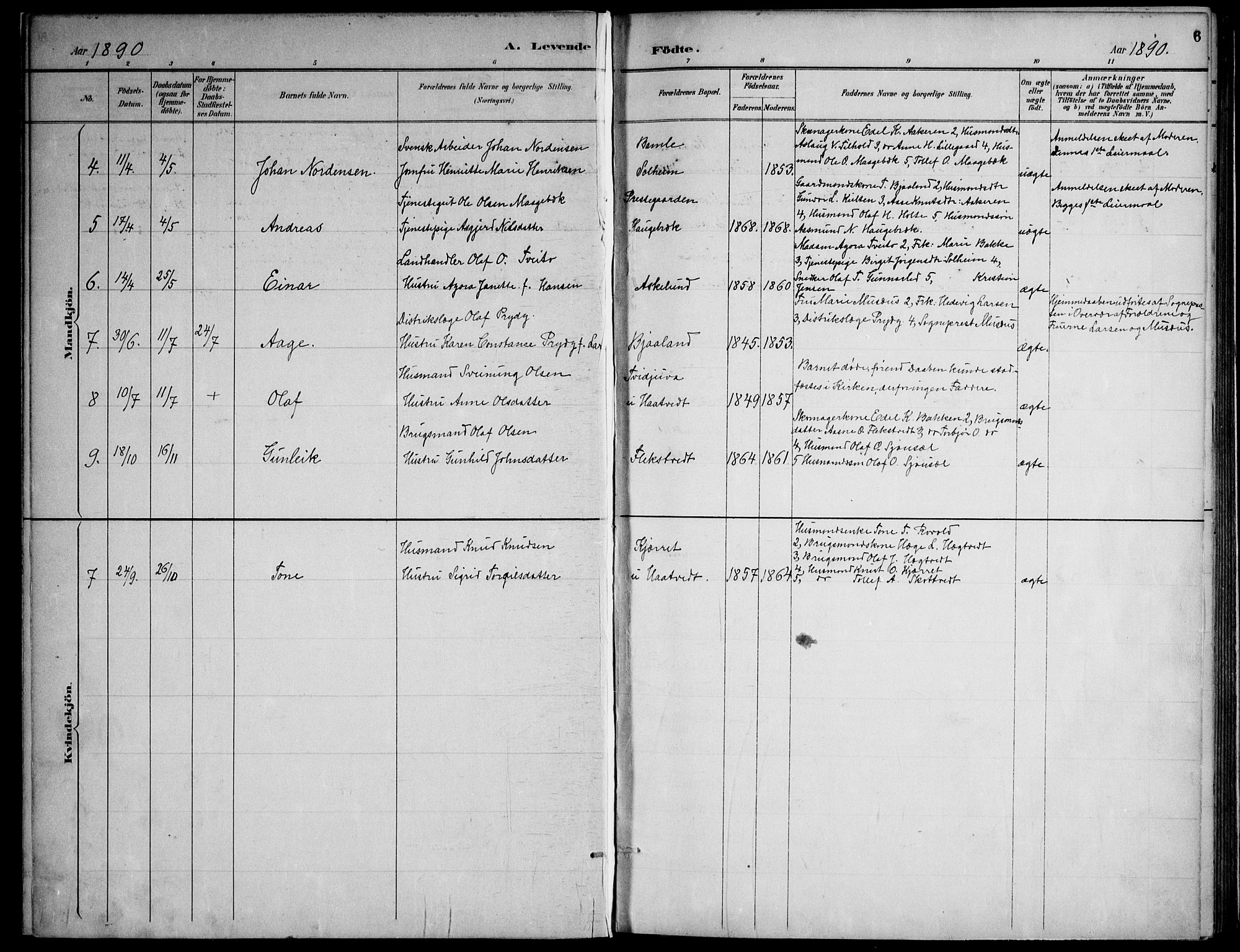 Lårdal kirkebøker, SAKO/A-284/F/Fa/L0007: Parish register (official) no. I 7, 1887-1906, p. 6