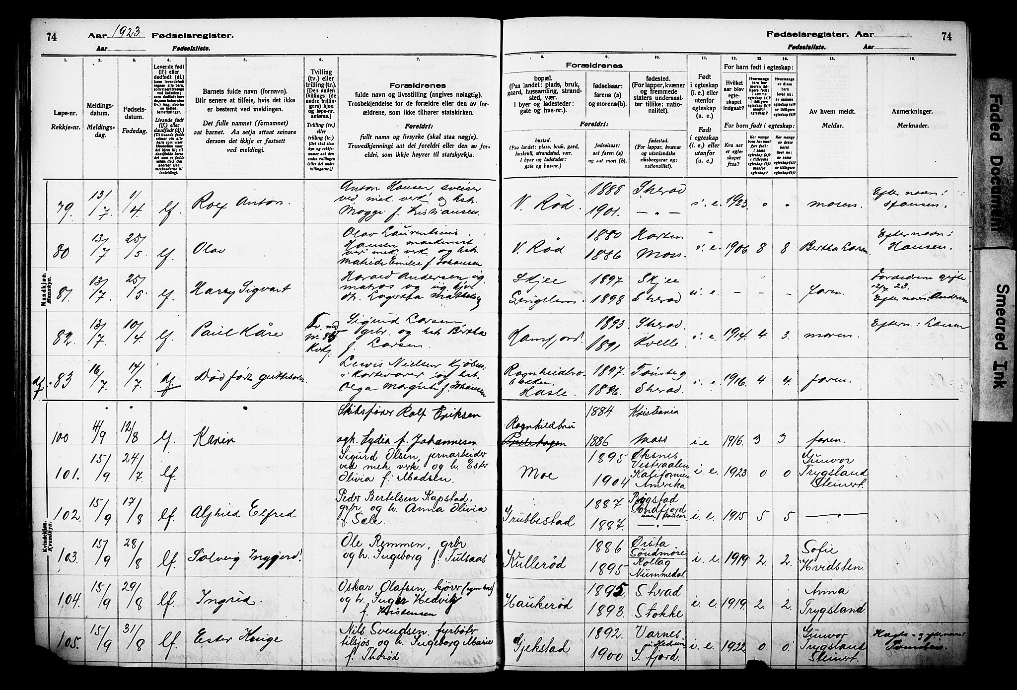 Sandar kirkebøker, AV/SAKO-A-243/J/Ja/L0002: Birth register no. 2, 1922-1929, p. 74