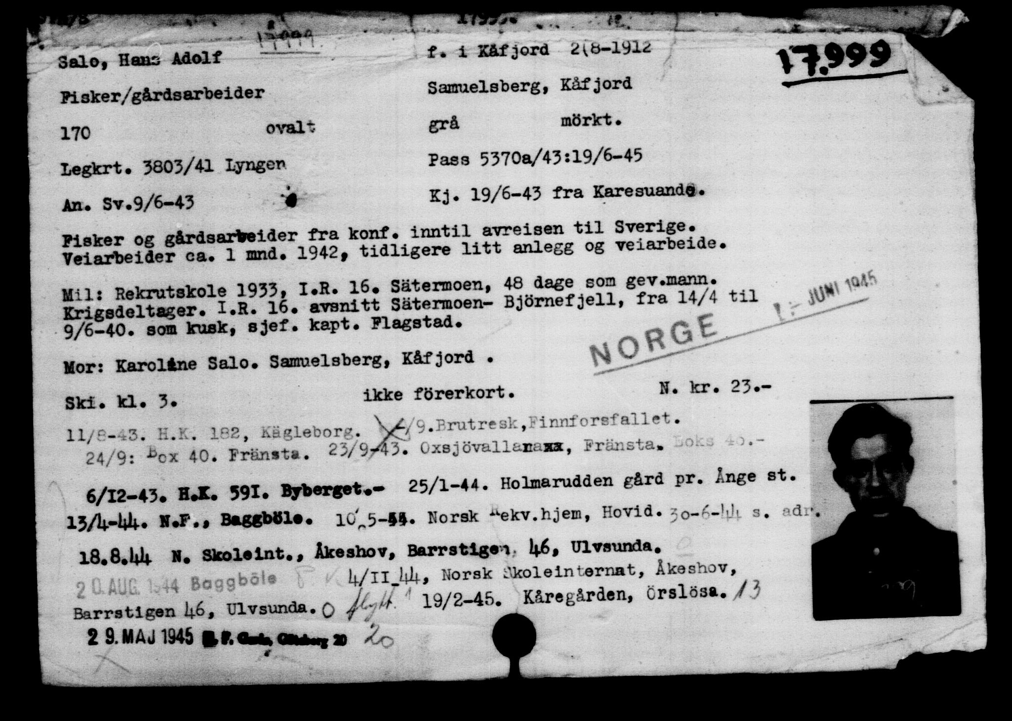 Utenriksstasjonene, Legasjonen i Stockholm, Flyktningkontoret, AV/RA-S-6753/V/Va/L0008: Kjesäterkartoteket, flyktninger med registreringsnr. 15700-18547, 1940-1945, p. 2564