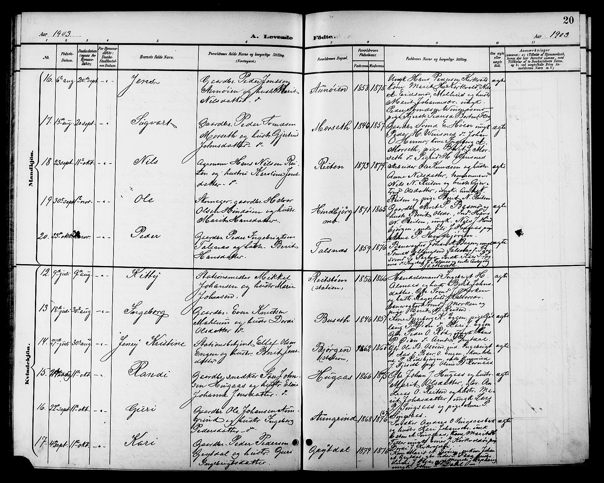 Ministerialprotokoller, klokkerbøker og fødselsregistre - Sør-Trøndelag, AV/SAT-A-1456/688/L1029: Parish register (copy) no. 688C04, 1899-1915, p. 20