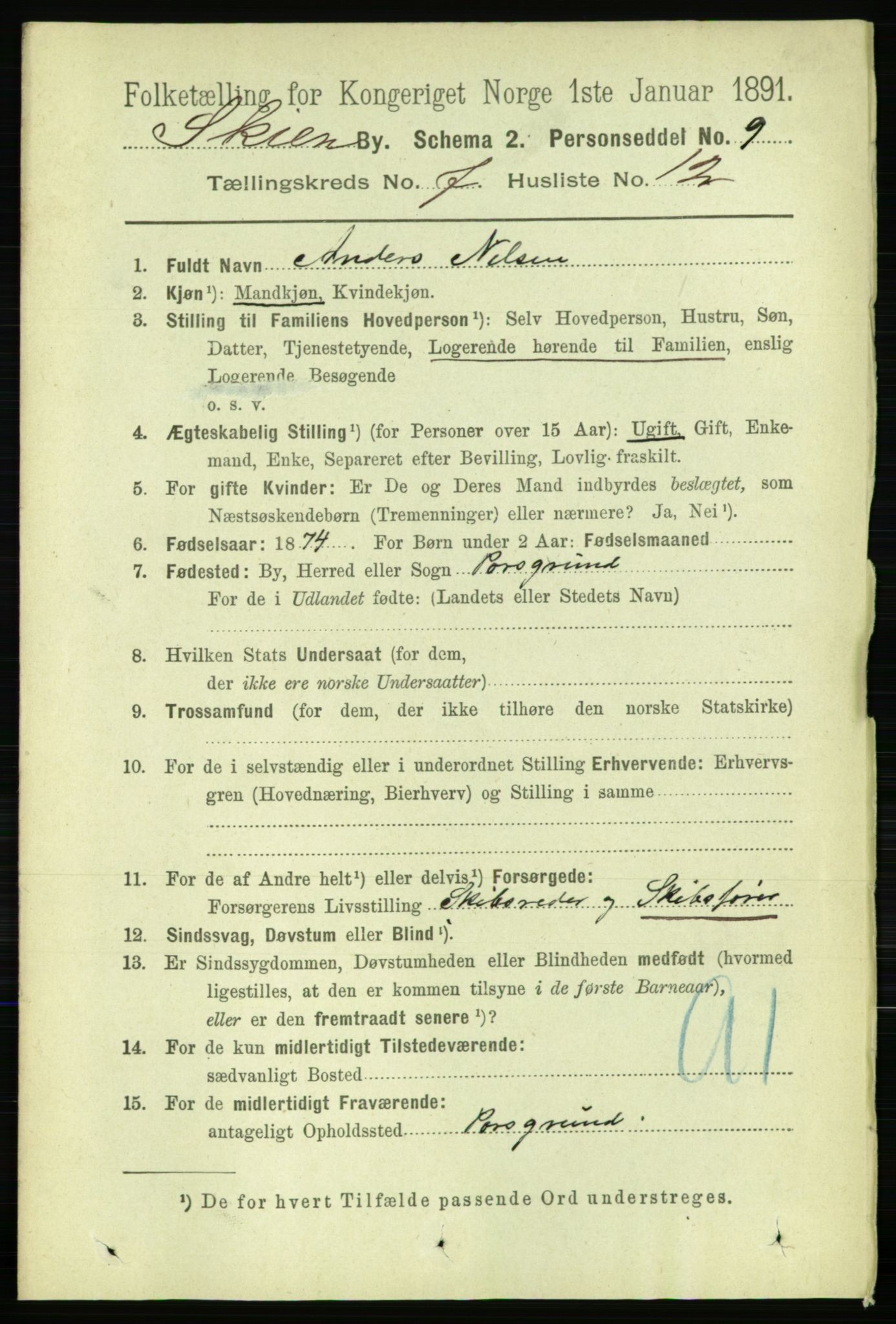 RA, 1891 census for 0806 Skien, 1891, p. 3236