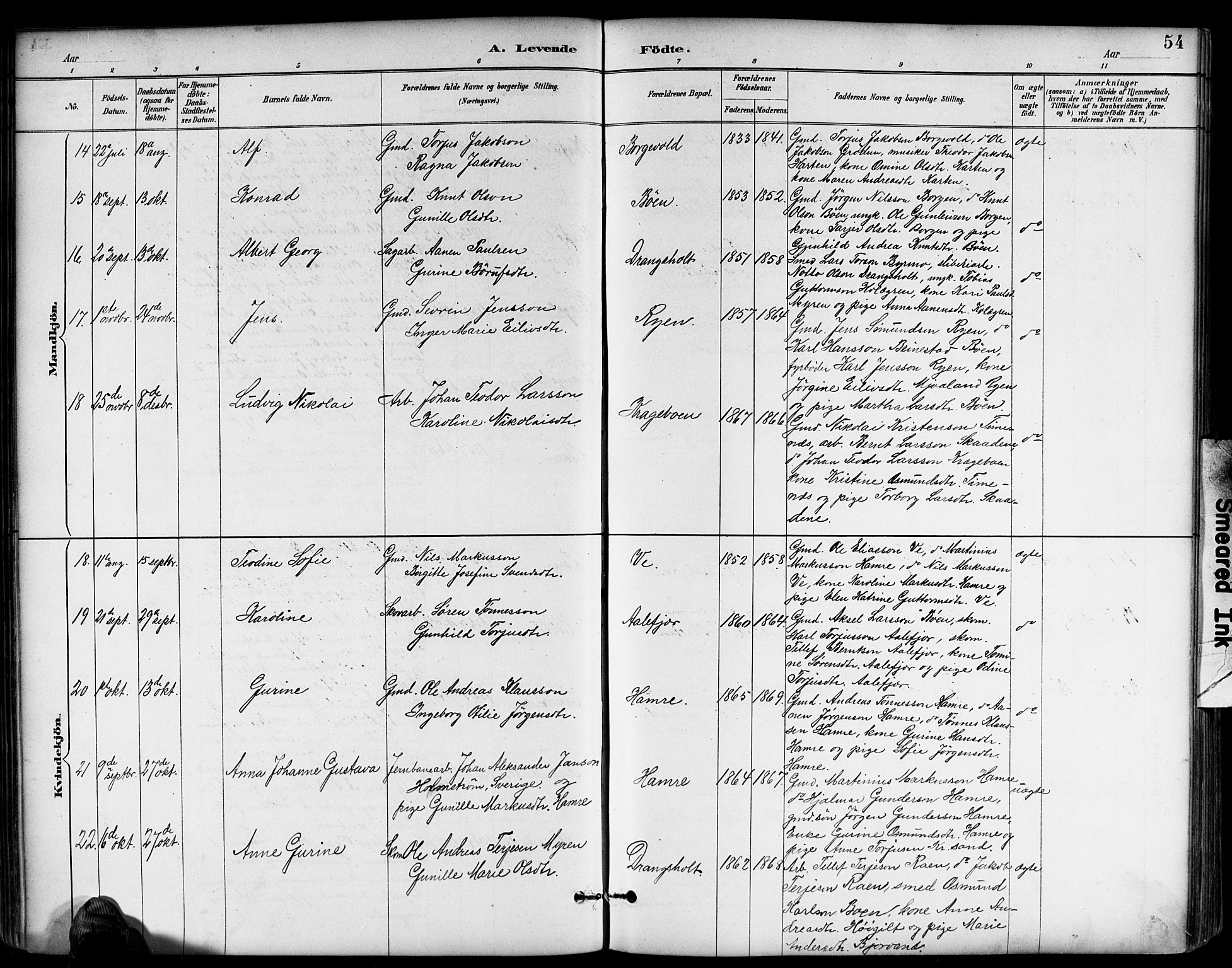 Tveit sokneprestkontor, AV/SAK-1111-0043/F/Fb/L0004: Parish register (copy) no. B 4, 1887-1914, p. 54