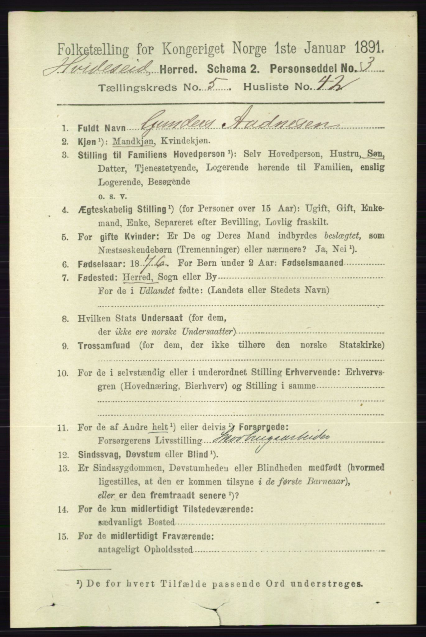 RA, 1891 census for 0829 Kviteseid, 1891, p. 1125