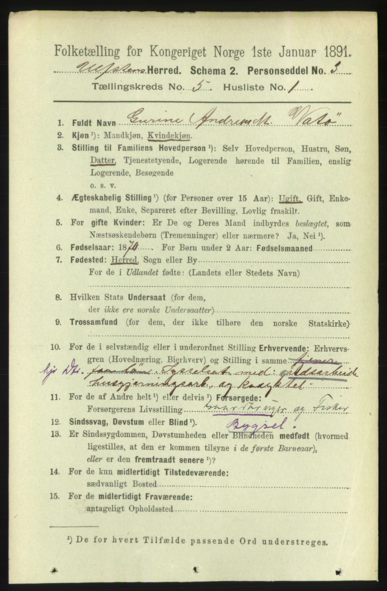 RA, 1891 census for 1516 Ulstein, 1891, p. 1263