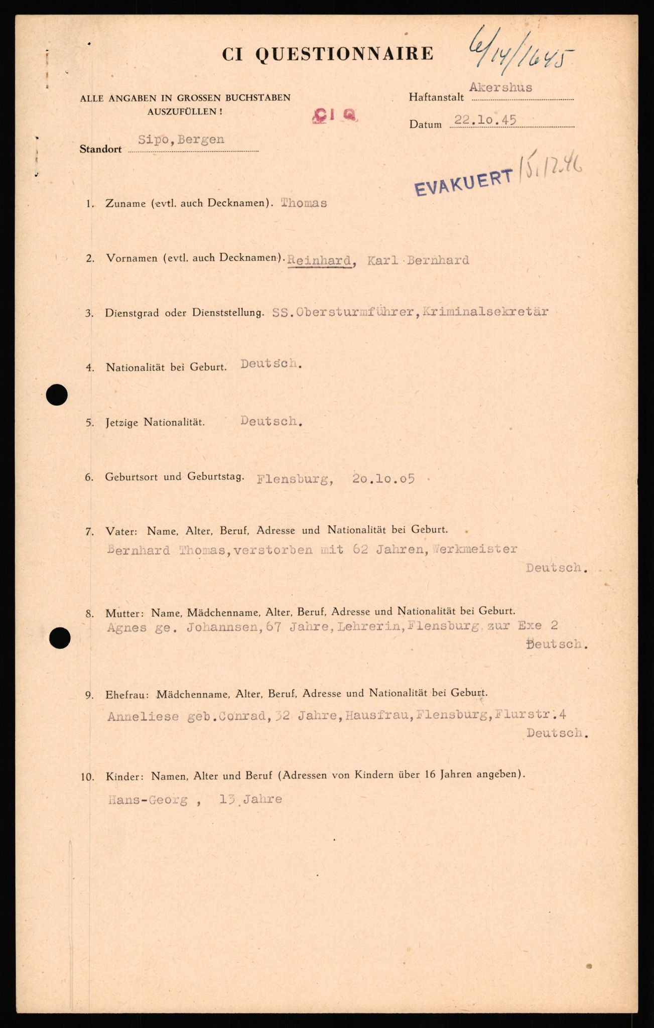 Forsvaret, Forsvarets overkommando II, RA/RAFA-3915/D/Db/L0033: CI Questionaires. Tyske okkupasjonsstyrker i Norge. Tyskere., 1945-1946, p. 479