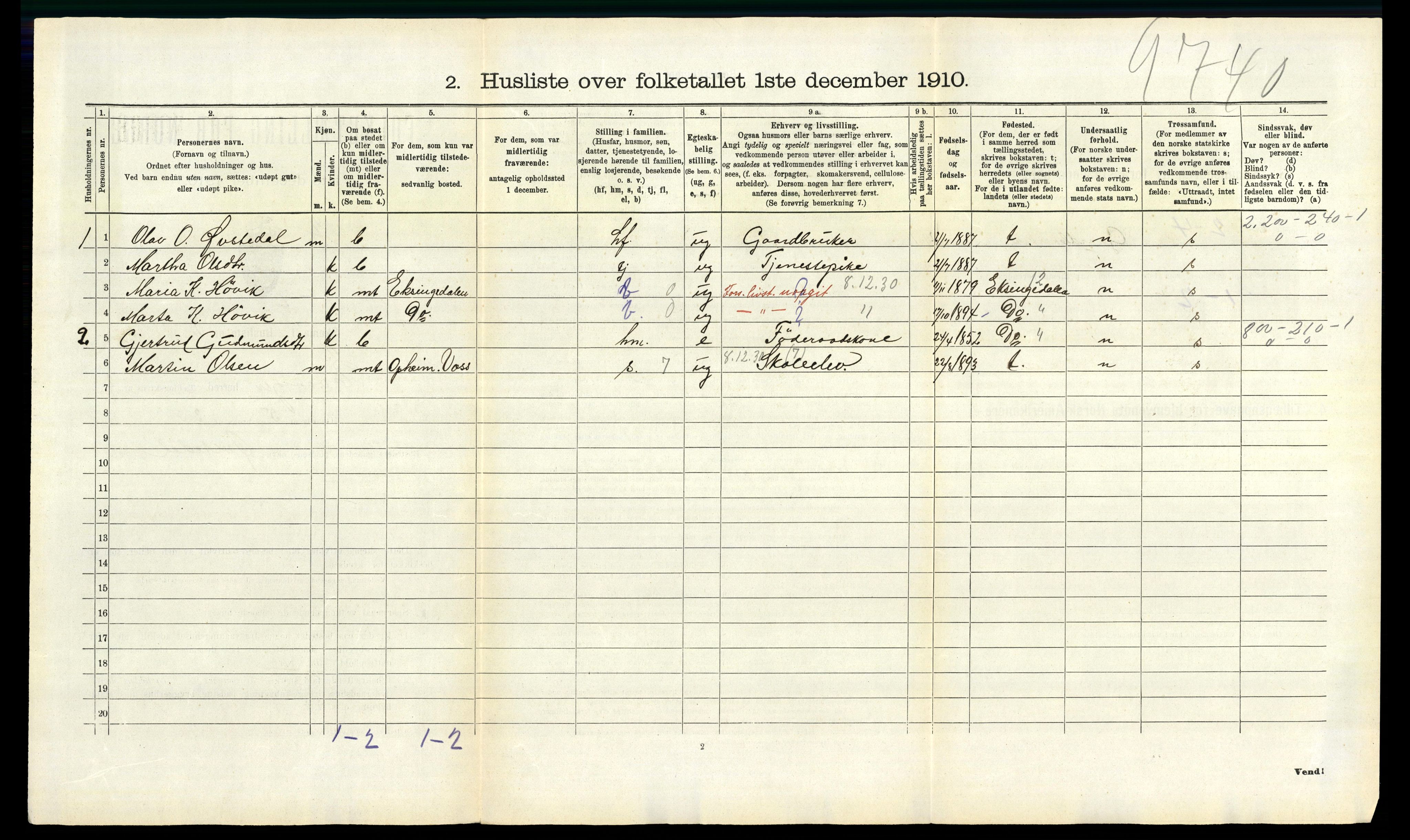 RA, 1910 census for Evanger, 1910, p. 80