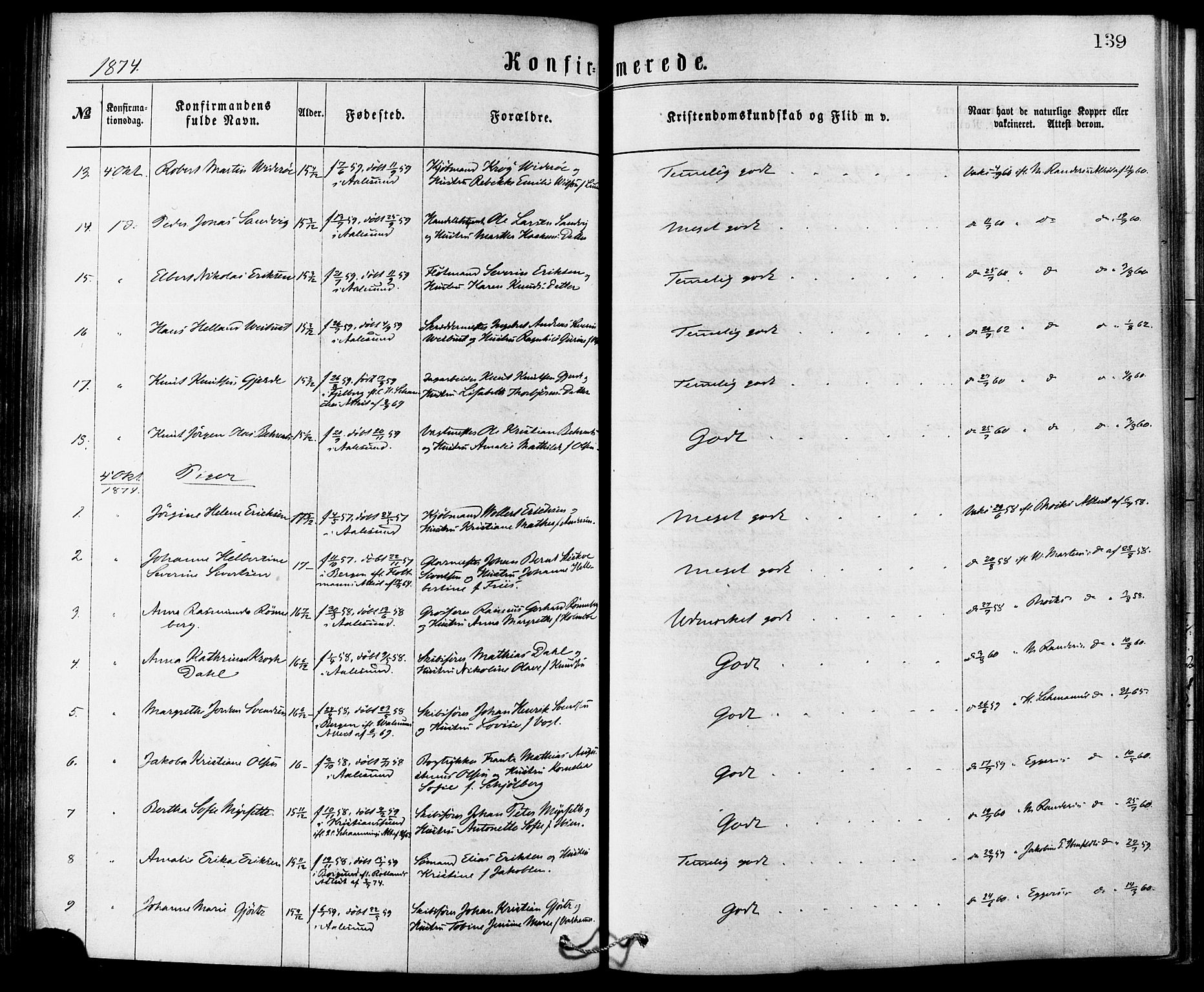 Ministerialprotokoller, klokkerbøker og fødselsregistre - Møre og Romsdal, AV/SAT-A-1454/529/L0453: Parish register (official) no. 529A03, 1872-1877, p. 139