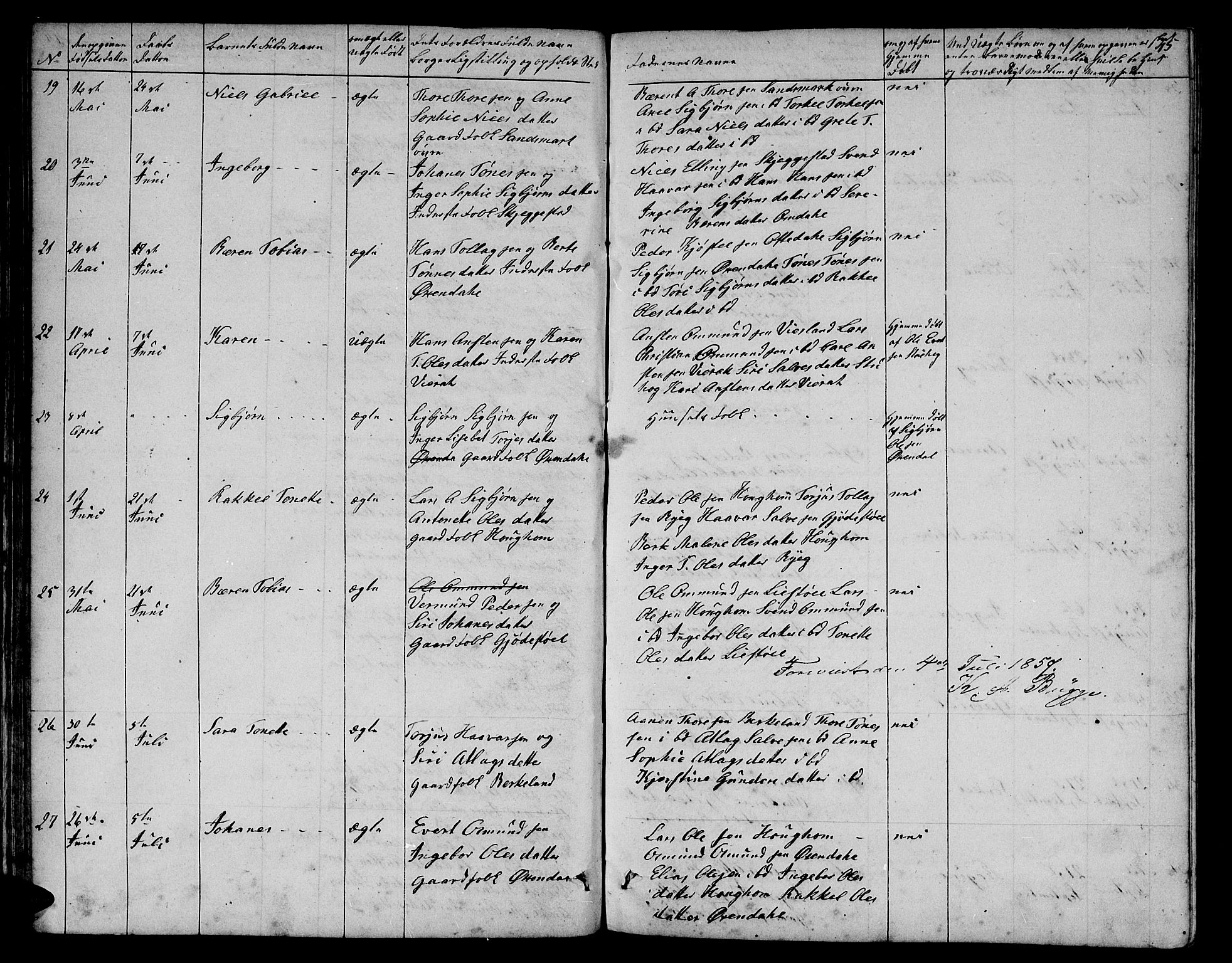 Bakke sokneprestkontor, SAK/1111-0002/F/Fb/Fba/L0001: Parish register (copy) no. B 1, 1849-1879, p. 45