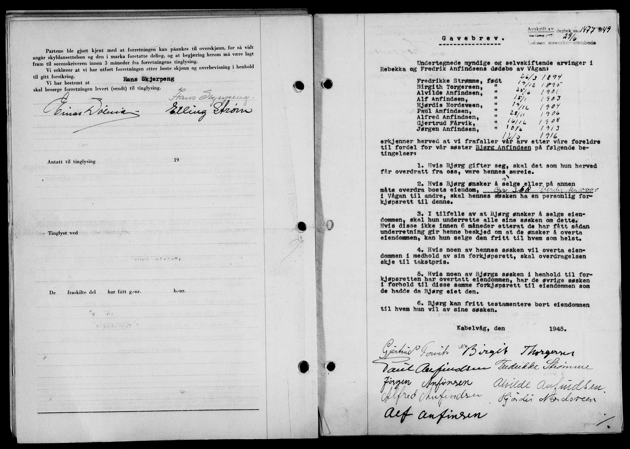 Lofoten sorenskriveri, SAT/A-0017/1/2/2C/L0021a: Mortgage book no. 21a, 1949-1949, Diary no: : 1477/1949