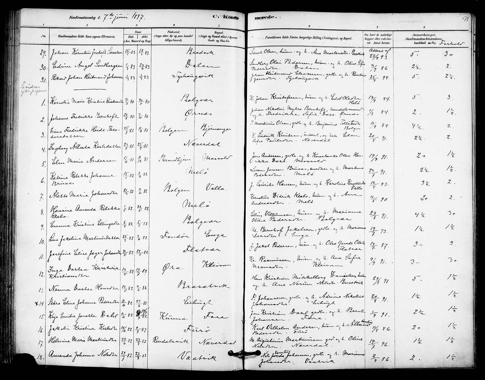 Ministerialprotokoller, klokkerbøker og fødselsregistre - Nordland, AV/SAT-A-1459/843/L0626: Parish register (official) no. 843A01, 1878-1907, p. 179