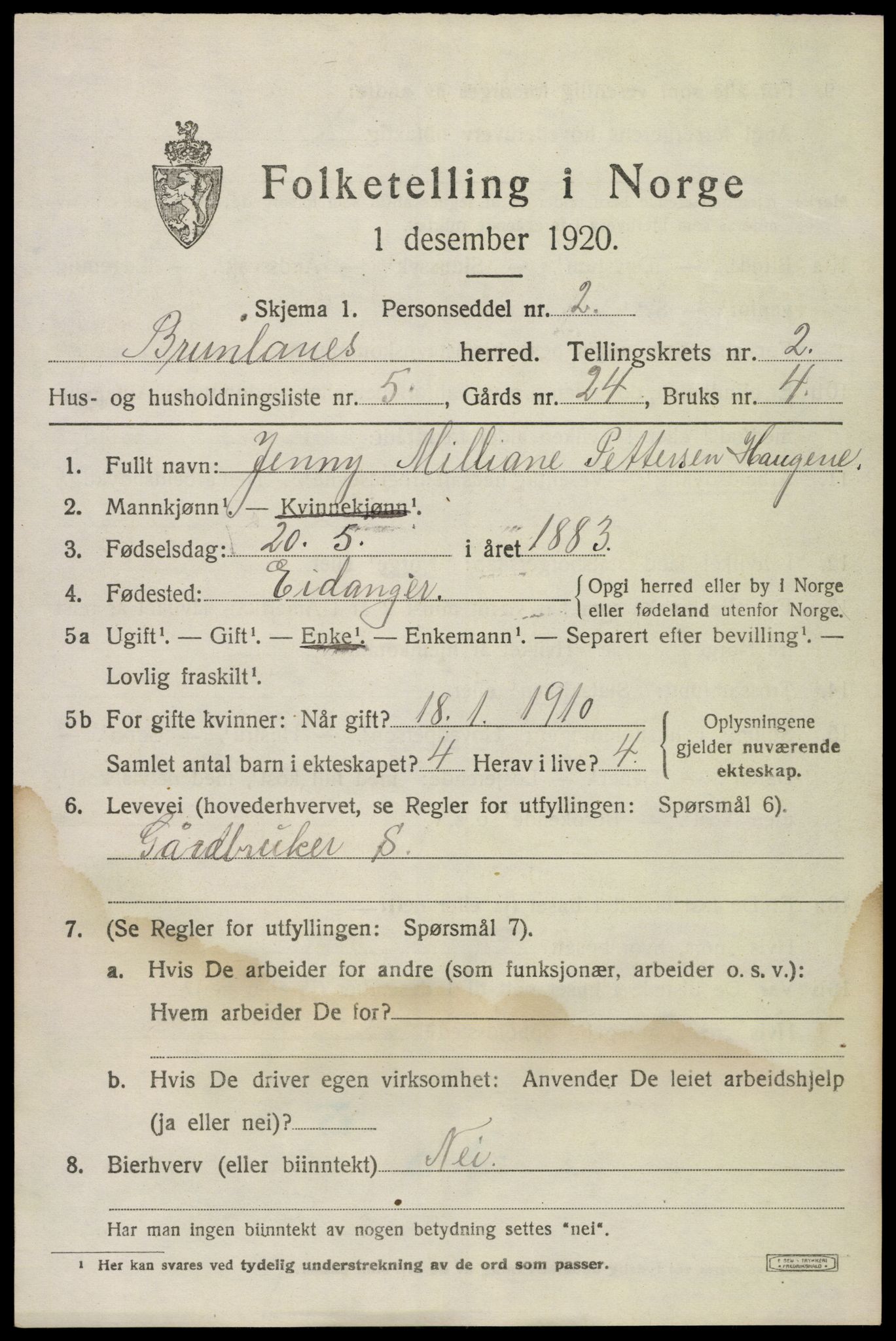 SAKO, 1920 census for Brunlanes, 1920, p. 3371