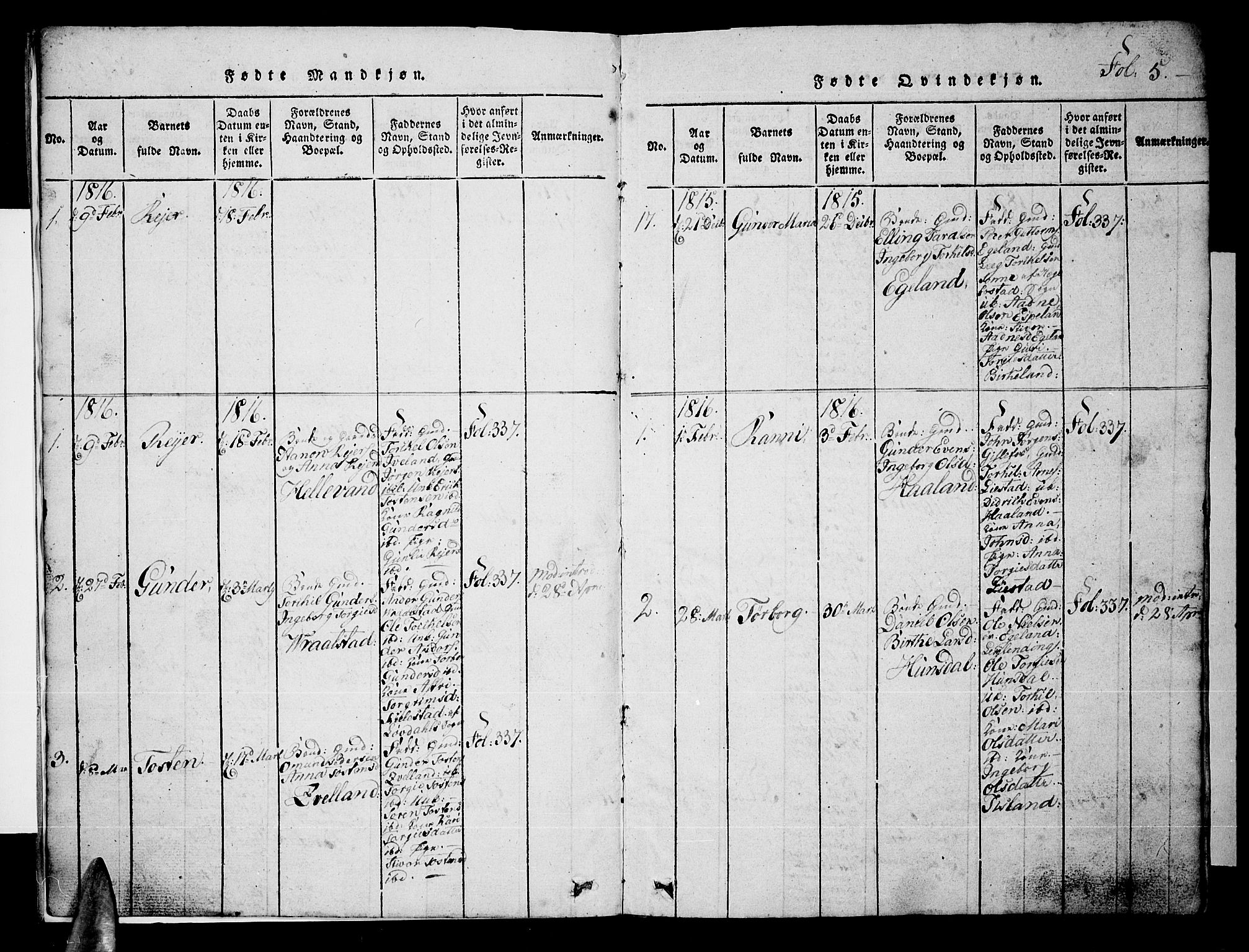 Nord-Audnedal sokneprestkontor, AV/SAK-1111-0032/F/Fb/Fba/L0001: Parish register (copy) no. B 1, 1815-1856, p. 5