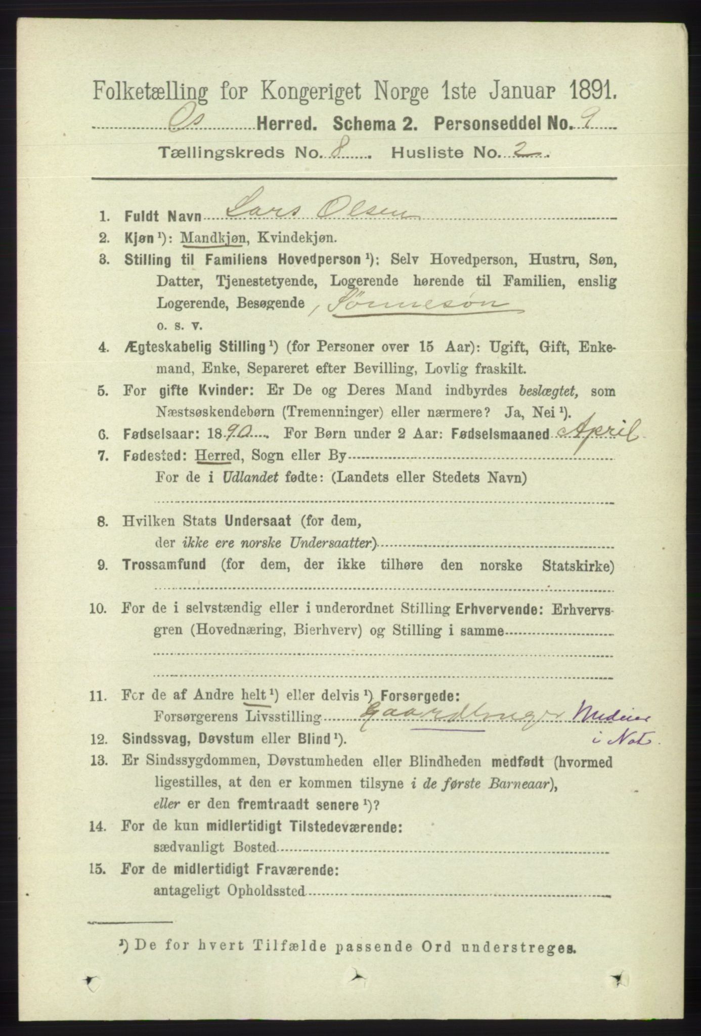 RA, 1891 census for 1243 Os, 1891, p. 1849