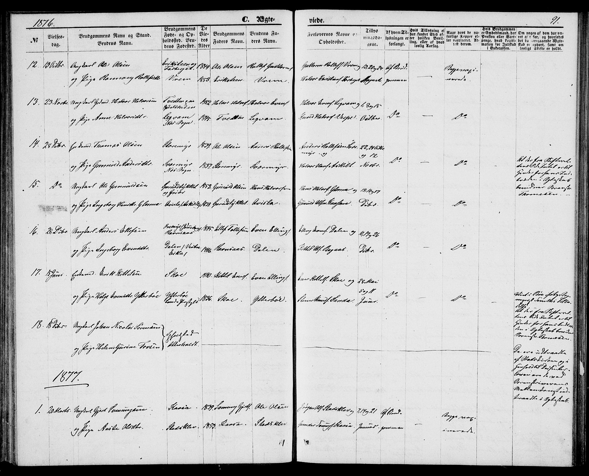 Bø kirkebøker, SAKO/A-257/G/Ga/L0004: Parish register (copy) no. 4, 1876-1882, p. 91
