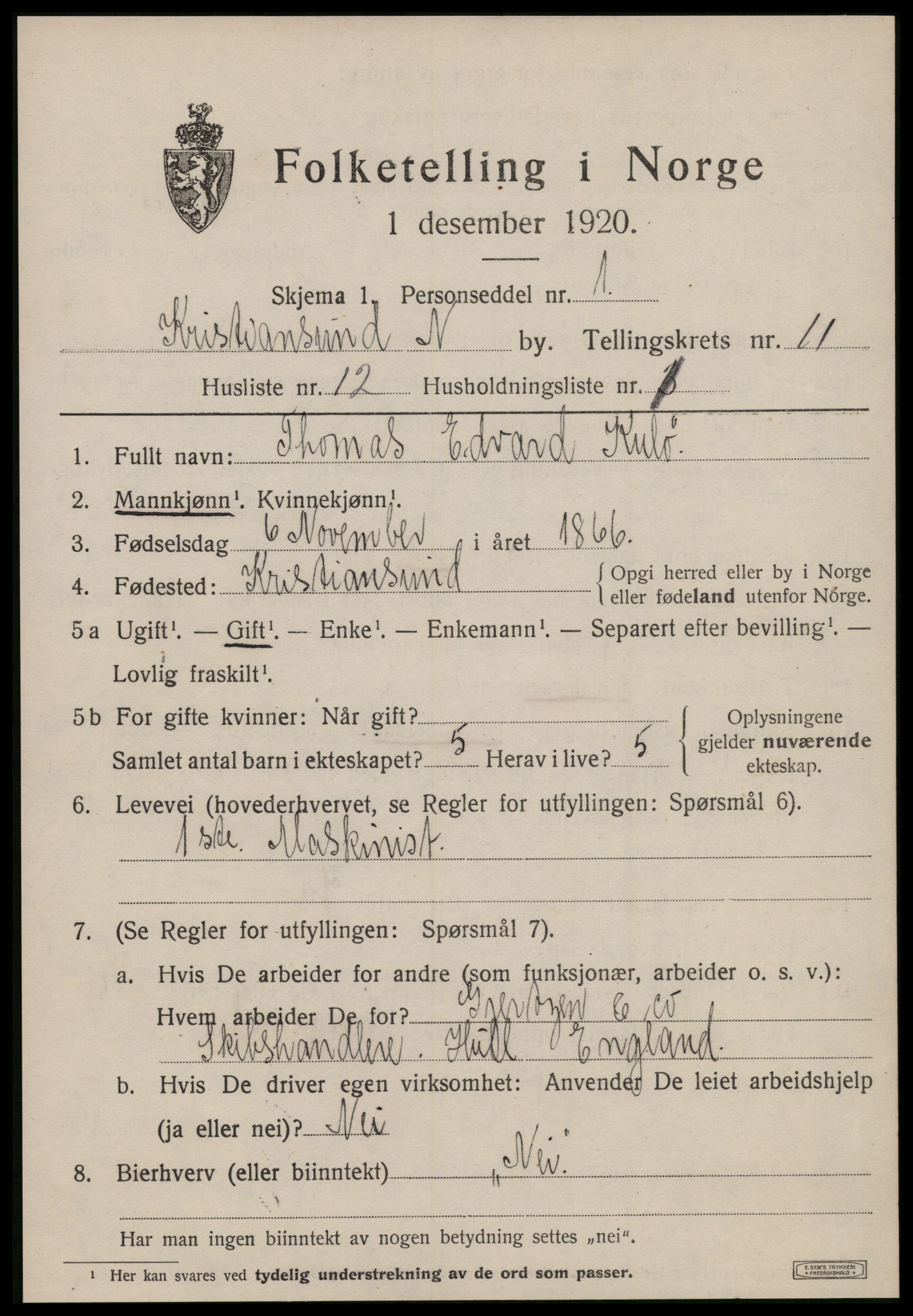 SAT, 1920 census for Kristiansund, 1920, p. 24289