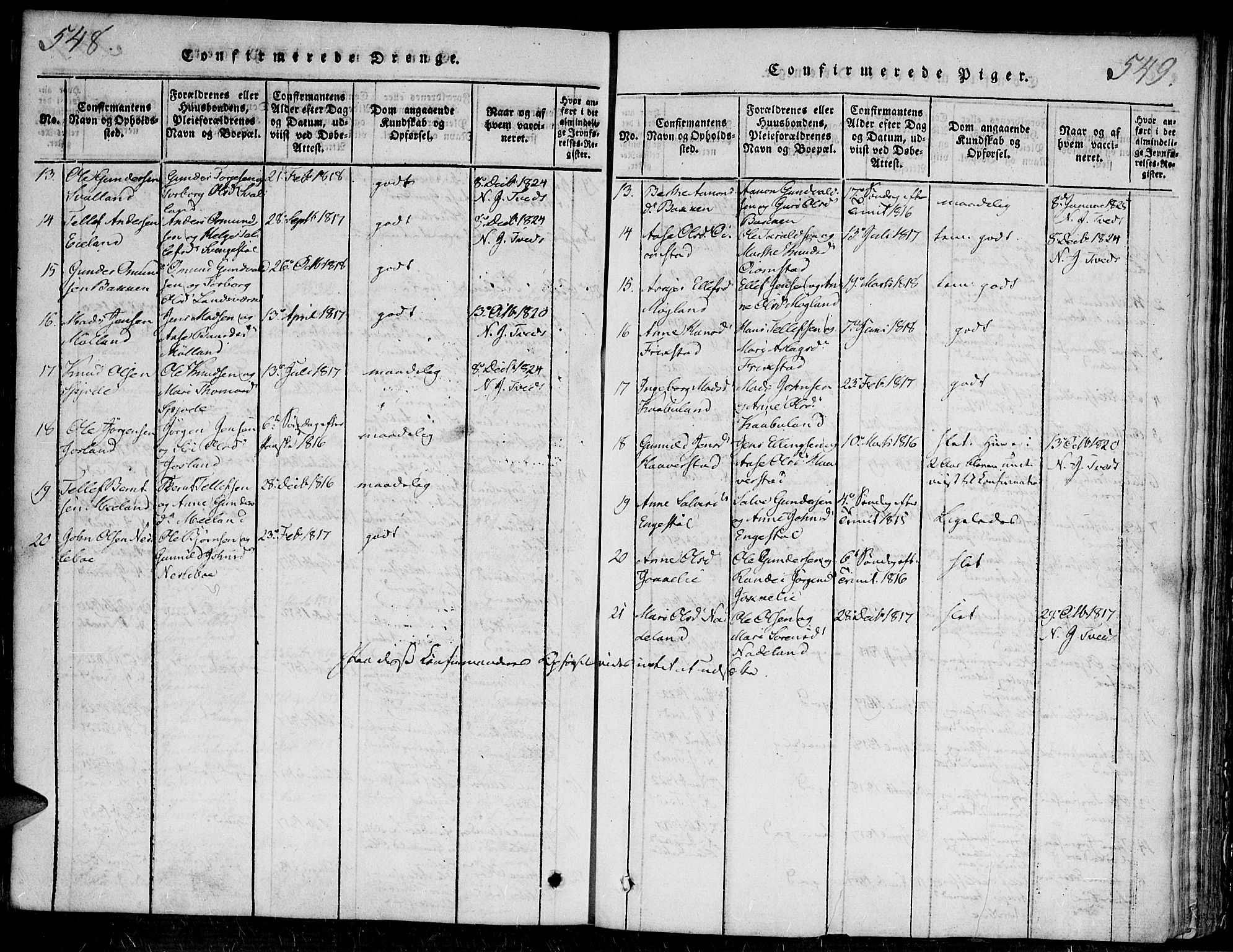 Evje sokneprestkontor, SAK/1111-0008/F/Fa/Faa/L0004: Parish register (official) no. A 4, 1816-1840, p. 548-549