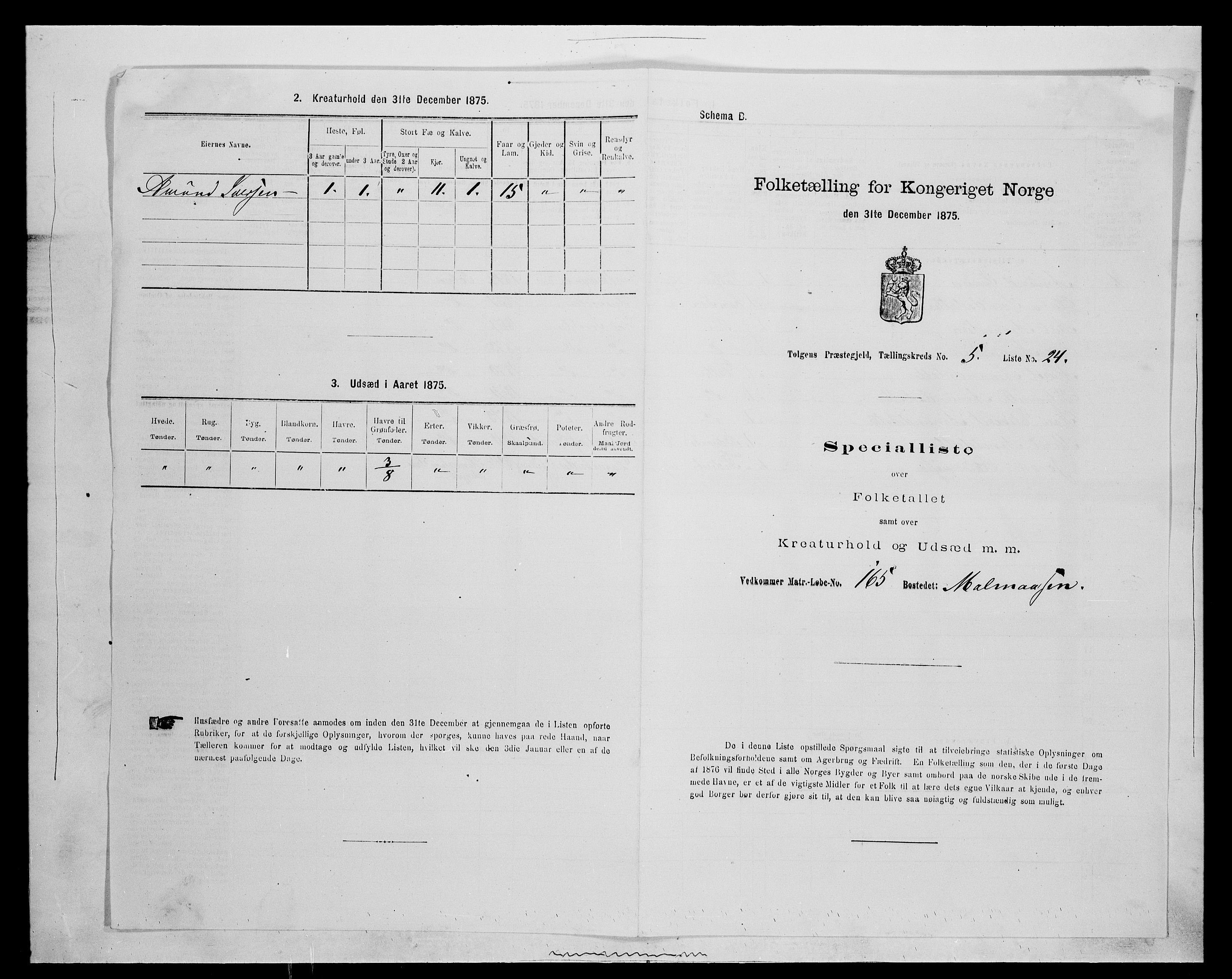 SAH, 1875 census for 0436P Tolga, 1875, p. 627