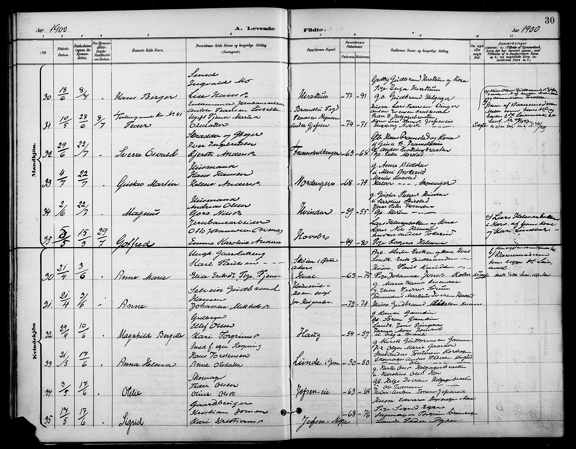 Gran prestekontor, SAH/PREST-112/H/Ha/Haa/L0019: Parish register (official) no. 19, 1898-1907, p. 30