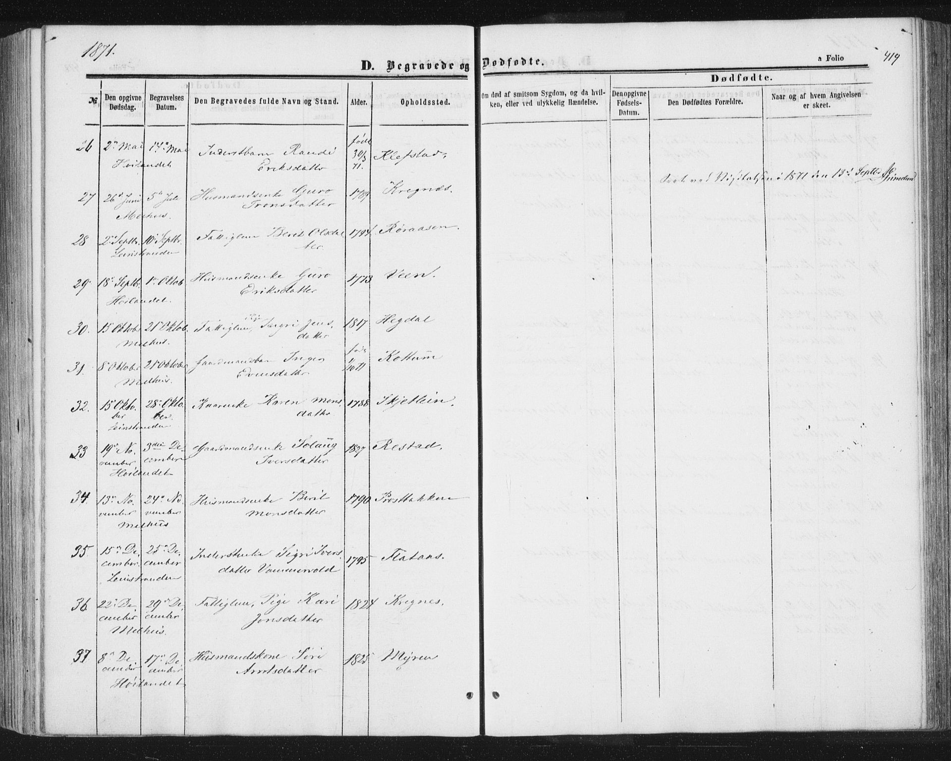 Ministerialprotokoller, klokkerbøker og fødselsregistre - Sør-Trøndelag, AV/SAT-A-1456/691/L1077: Parish register (official) no. 691A09, 1862-1873, p. 419