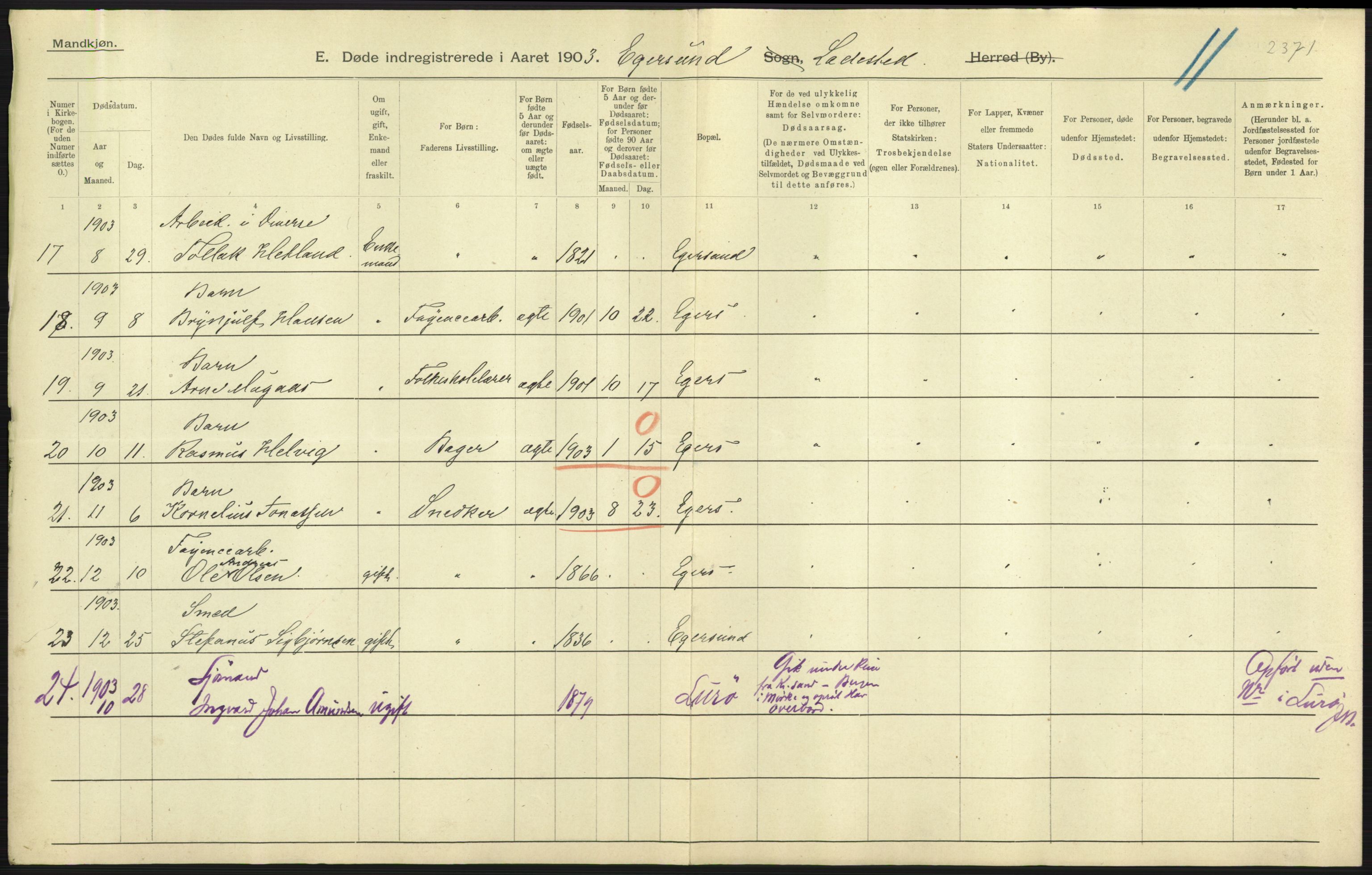 Statistisk sentralbyrå, Sosiodemografiske emner, Befolkning, AV/RA-S-2228/D/Df/Dfa/Dfaa/L0012: Stavanger amt: Fødte, gifte, døde, 1903, p. 821