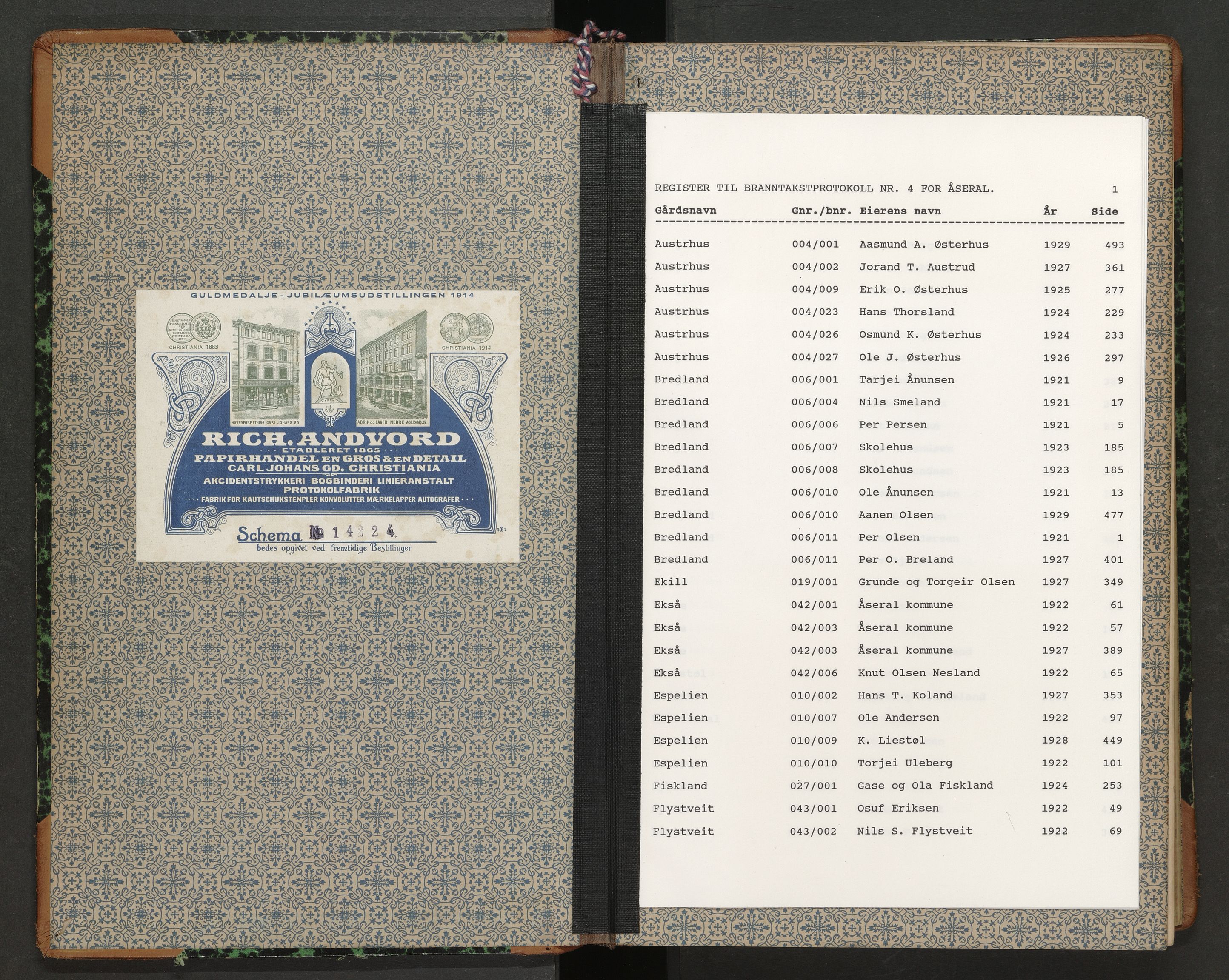 Norges Brannkasse Åseral, AV/SAK-2241-0062/F/Fa/L0004: Branntakstprotokoll nr. 4 med gårdsnavnregister, 1921-1930