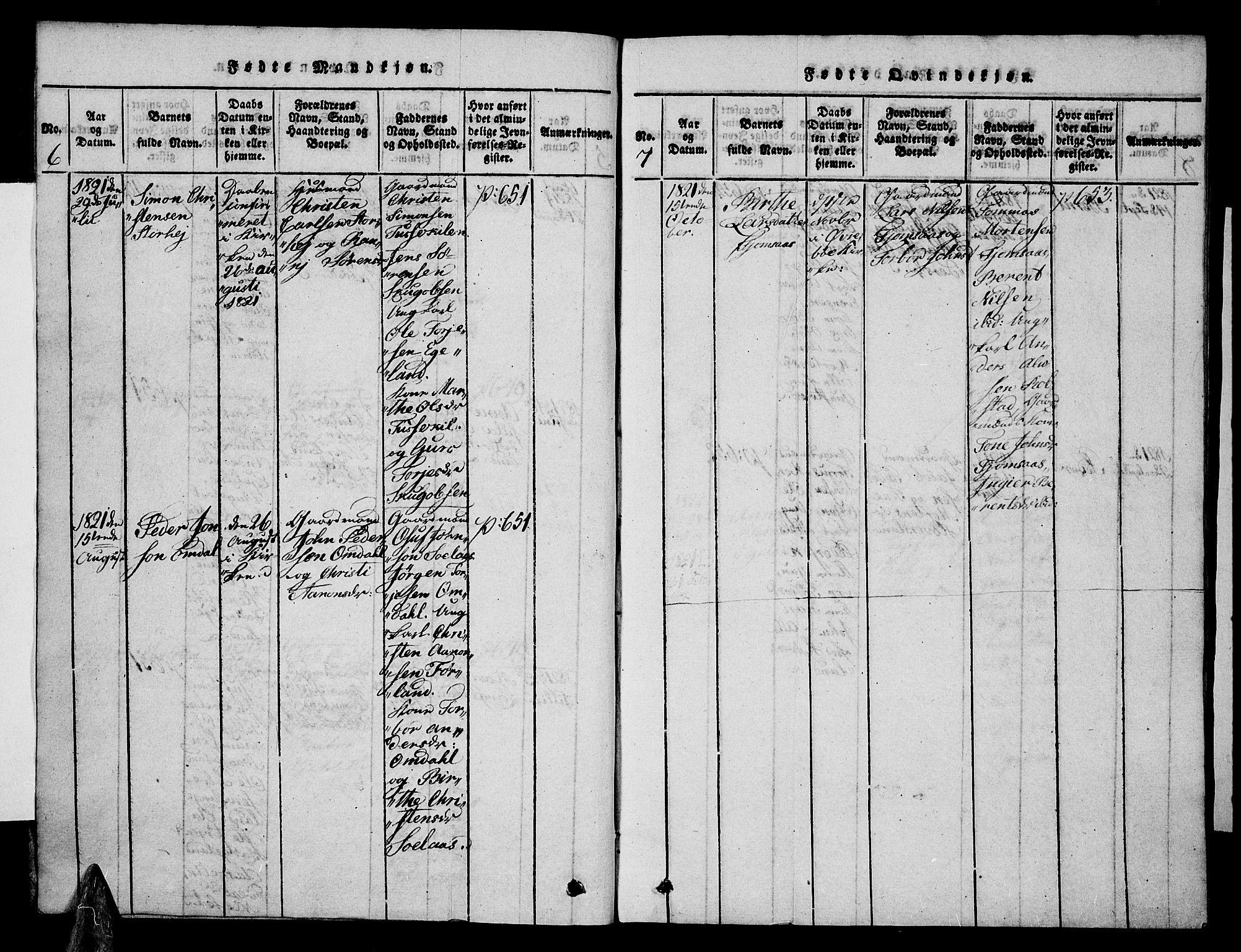 Vennesla sokneprestkontor, SAK/1111-0045/Fa/Faa/L0003: Parish register (official) no. A 3, 1820-1834, p. 6-7