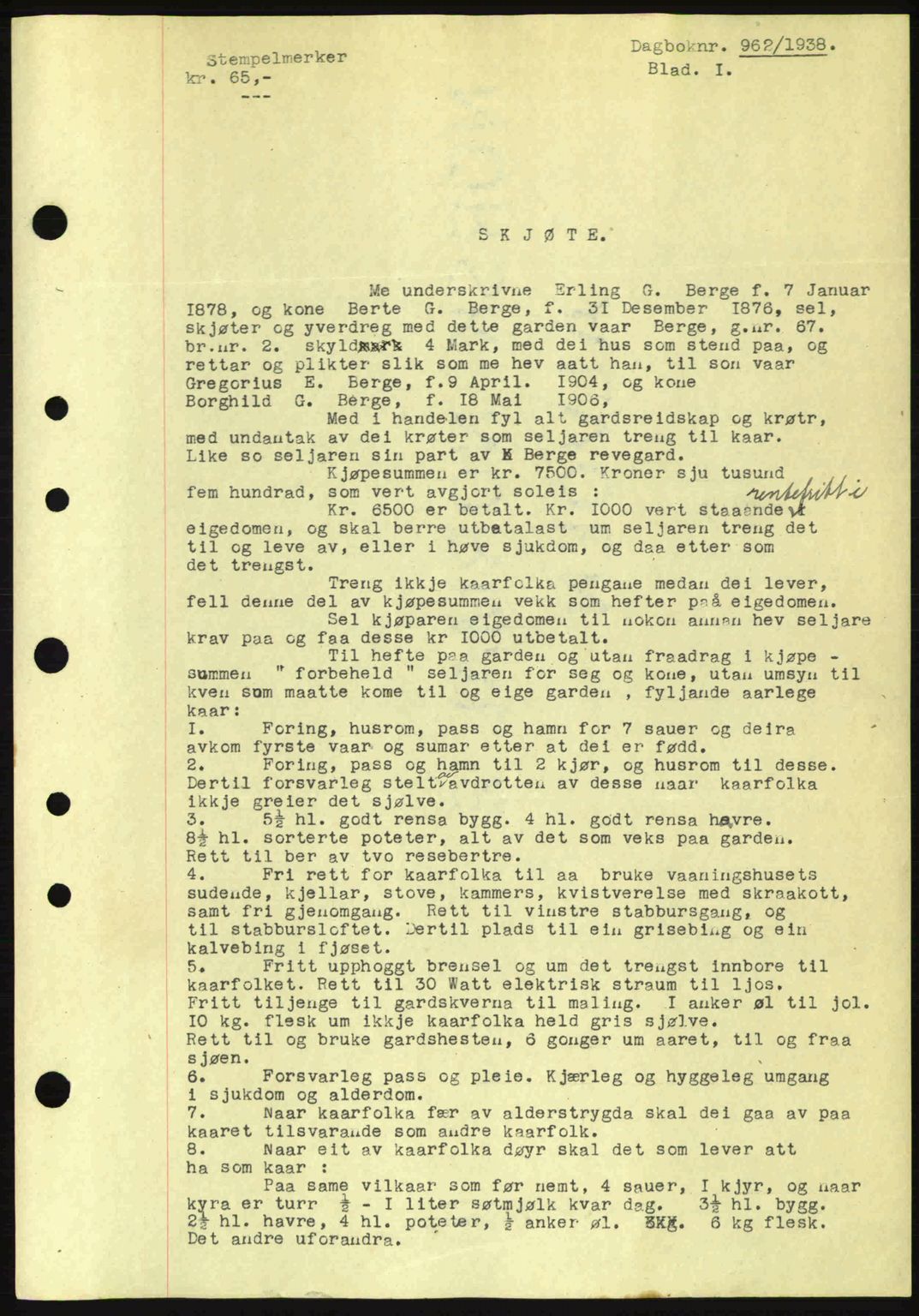 Nordre Sunnmøre sorenskriveri, AV/SAT-A-0006/1/2/2C/2Ca: Mortgage book no. A4, 1937-1938, Diary no: : 962/1938