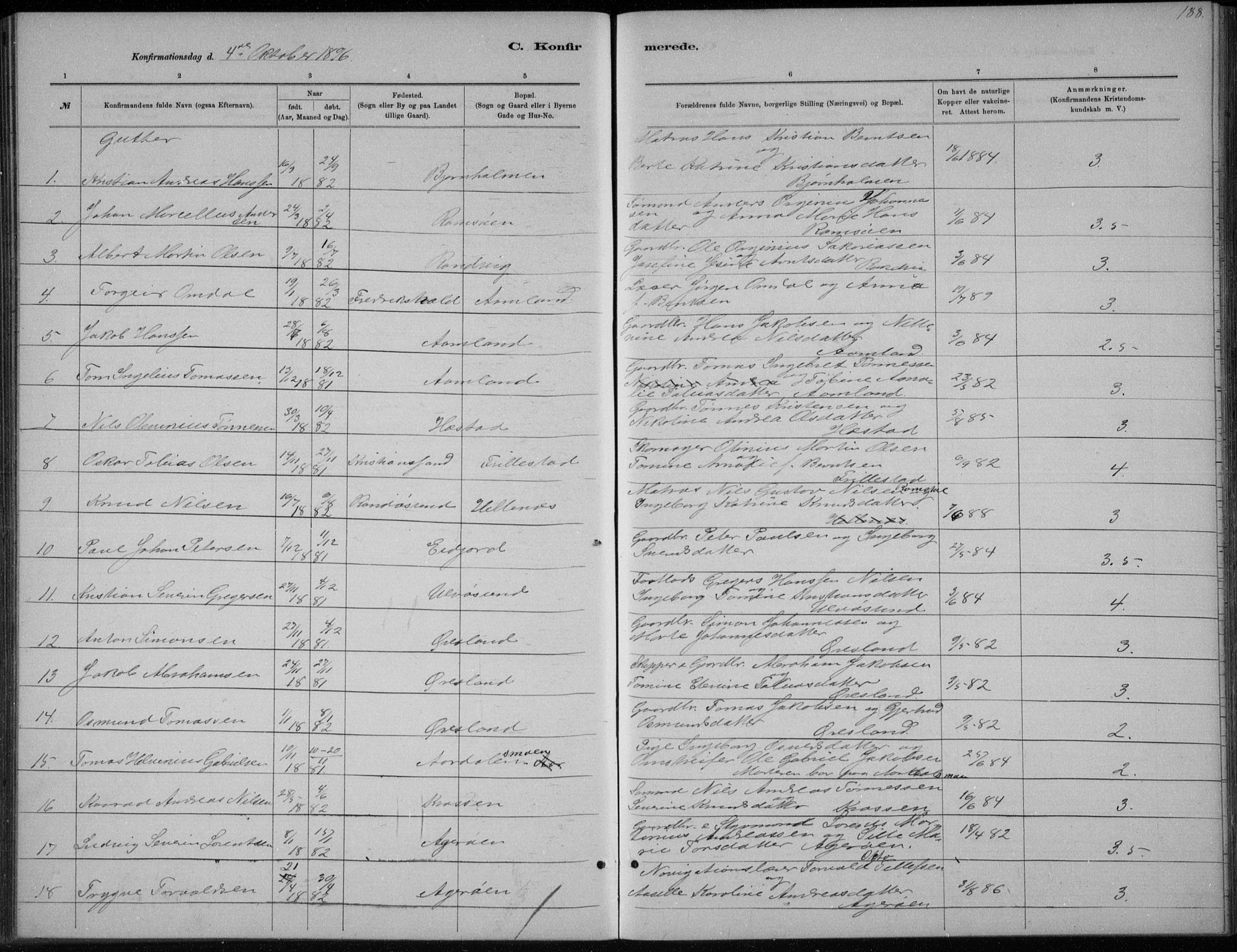 Høvåg sokneprestkontor, SAK/1111-0025/F/Fb/L0004: Parish register (copy) no. B 4, 1883-1898, p. 188