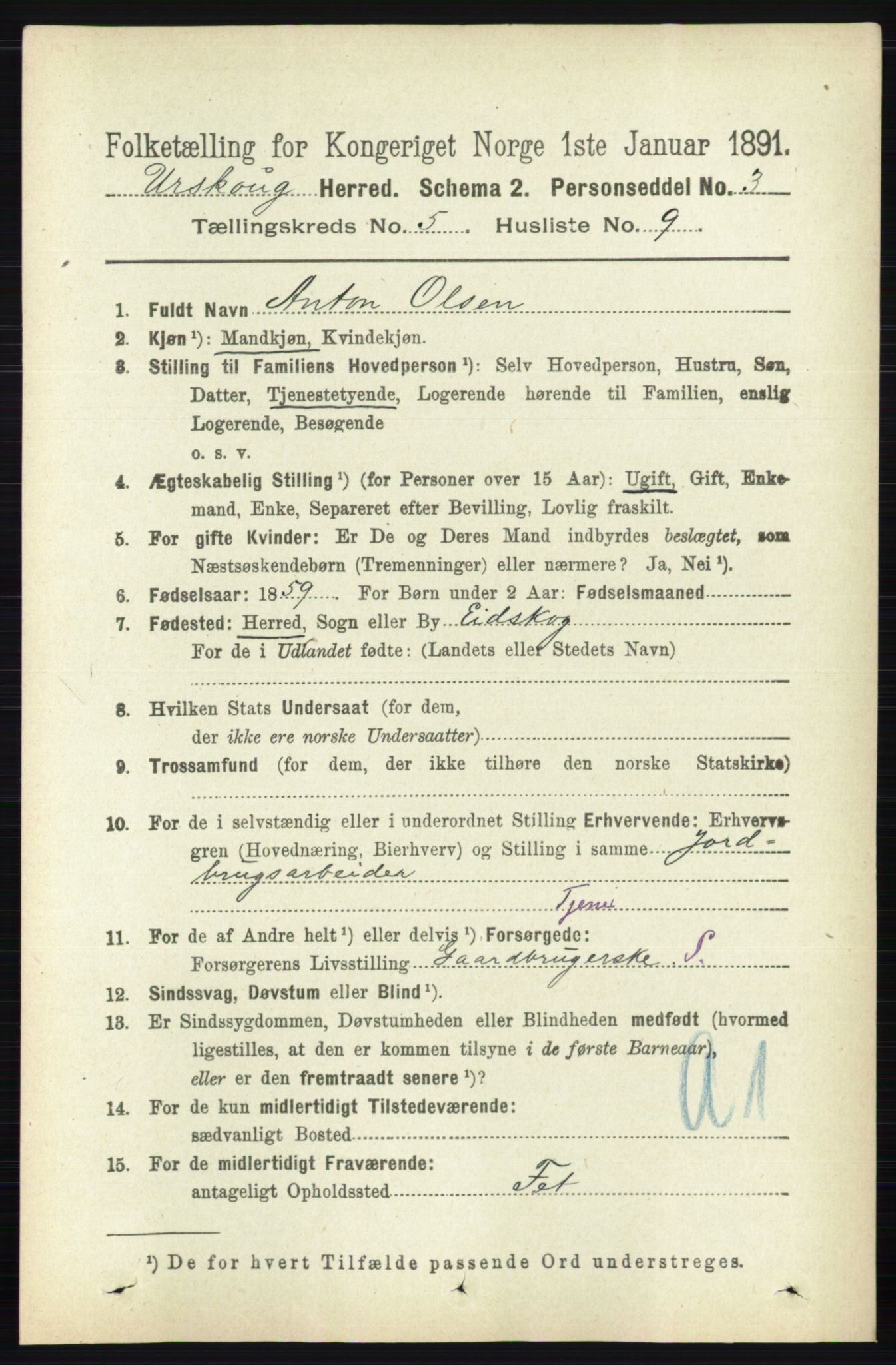 RA, 1891 census for 0224 Aurskog, 1891, p. 2114