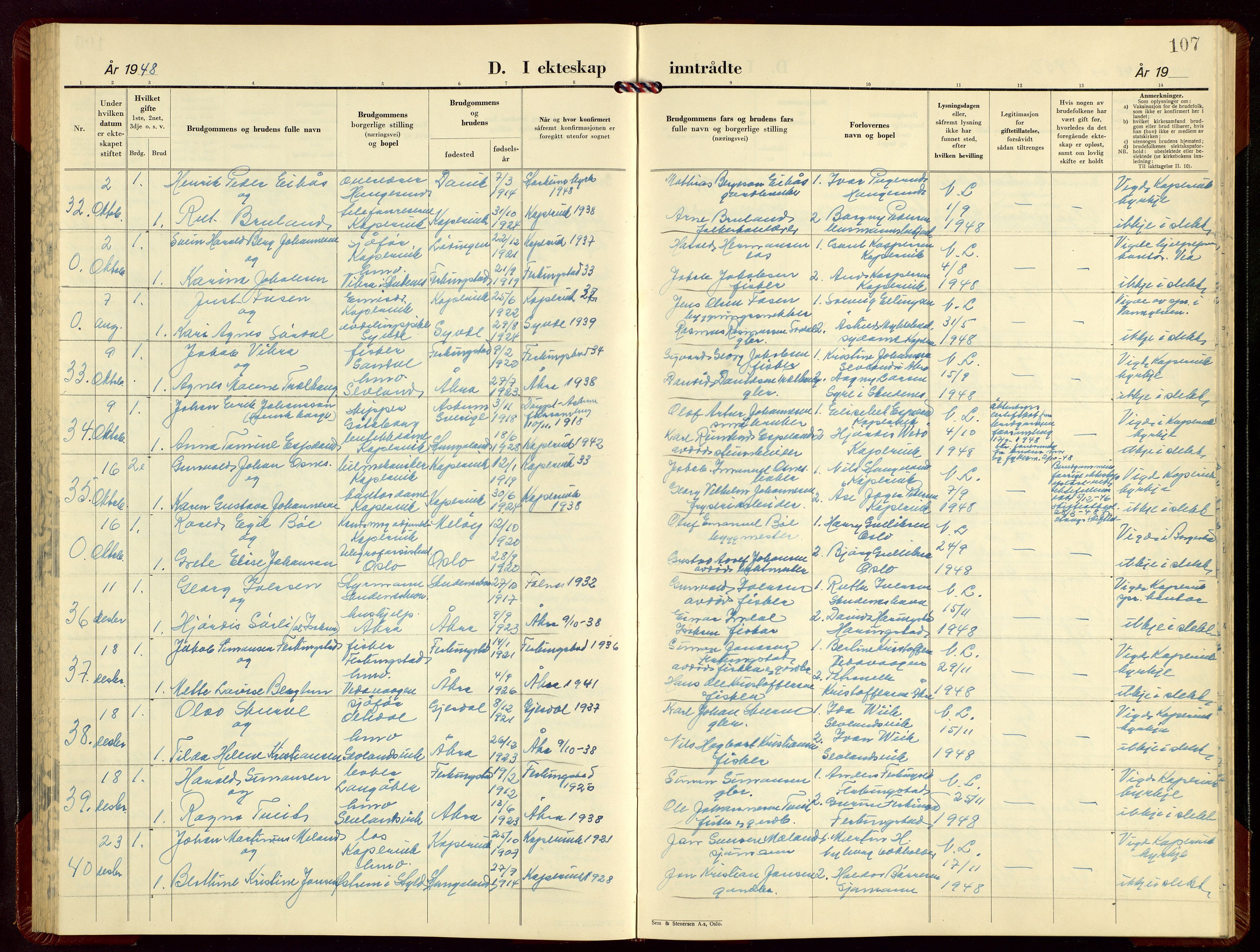 Kopervik sokneprestkontor, AV/SAST-A-101850/H/Ha/Hab/L0010: Parish register (copy) no. B 10, 1948-1962, p. 107