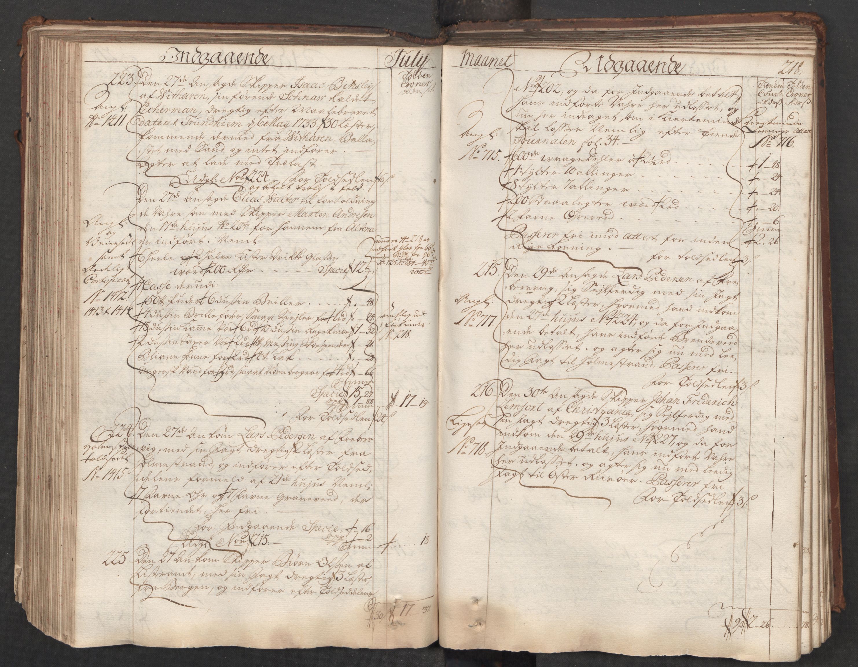 Generaltollkammeret, tollregnskaper, AV/RA-EA-5490/R06/L0015/0001: Tollregnskaper Kristiania / Hovedtollbok, 1733, p. 217b-218a