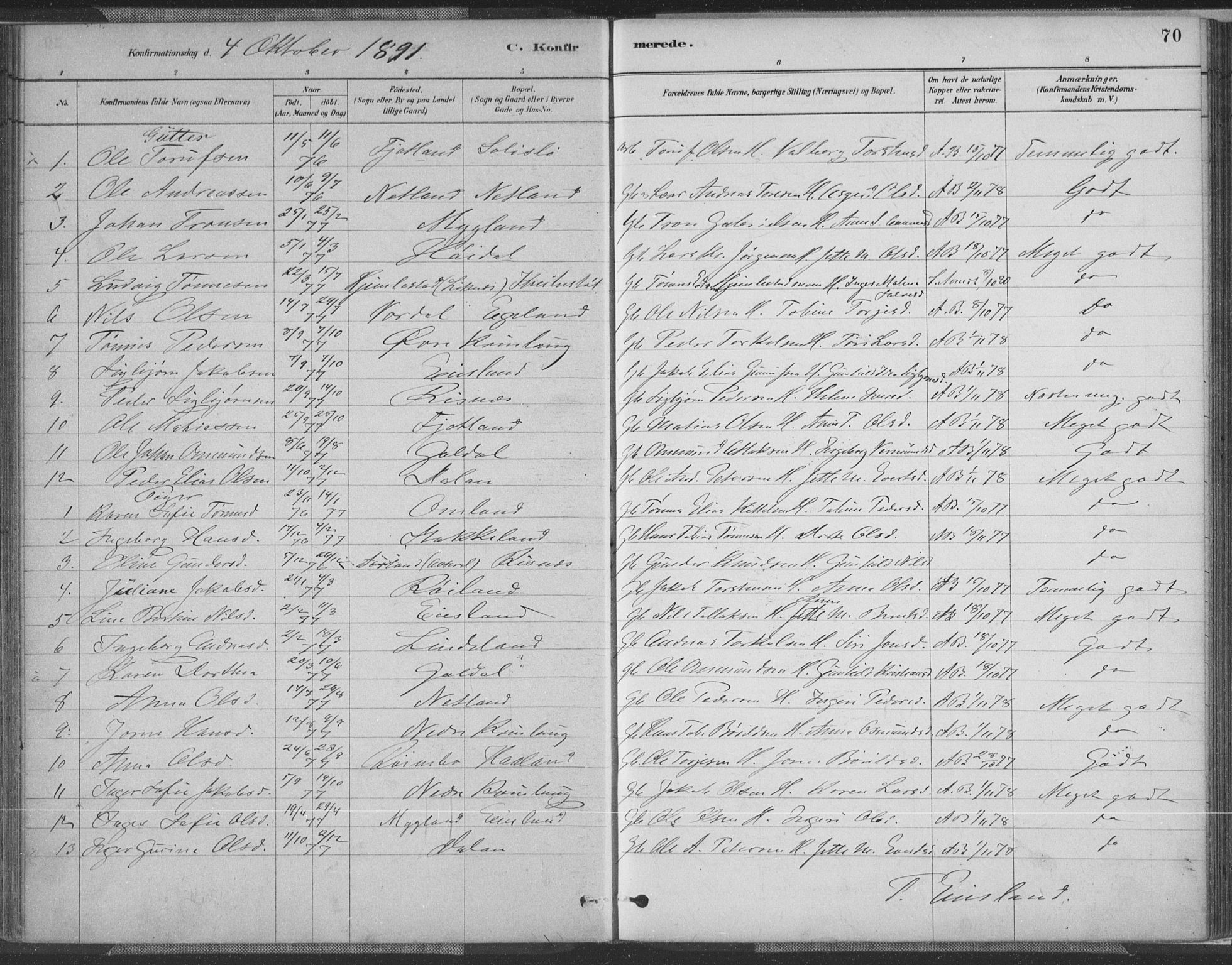 Fjotland sokneprestkontor, SAK/1111-0010/F/Fa/L0002: Parish register (official) no. A 2, 1880-1898, p. 70