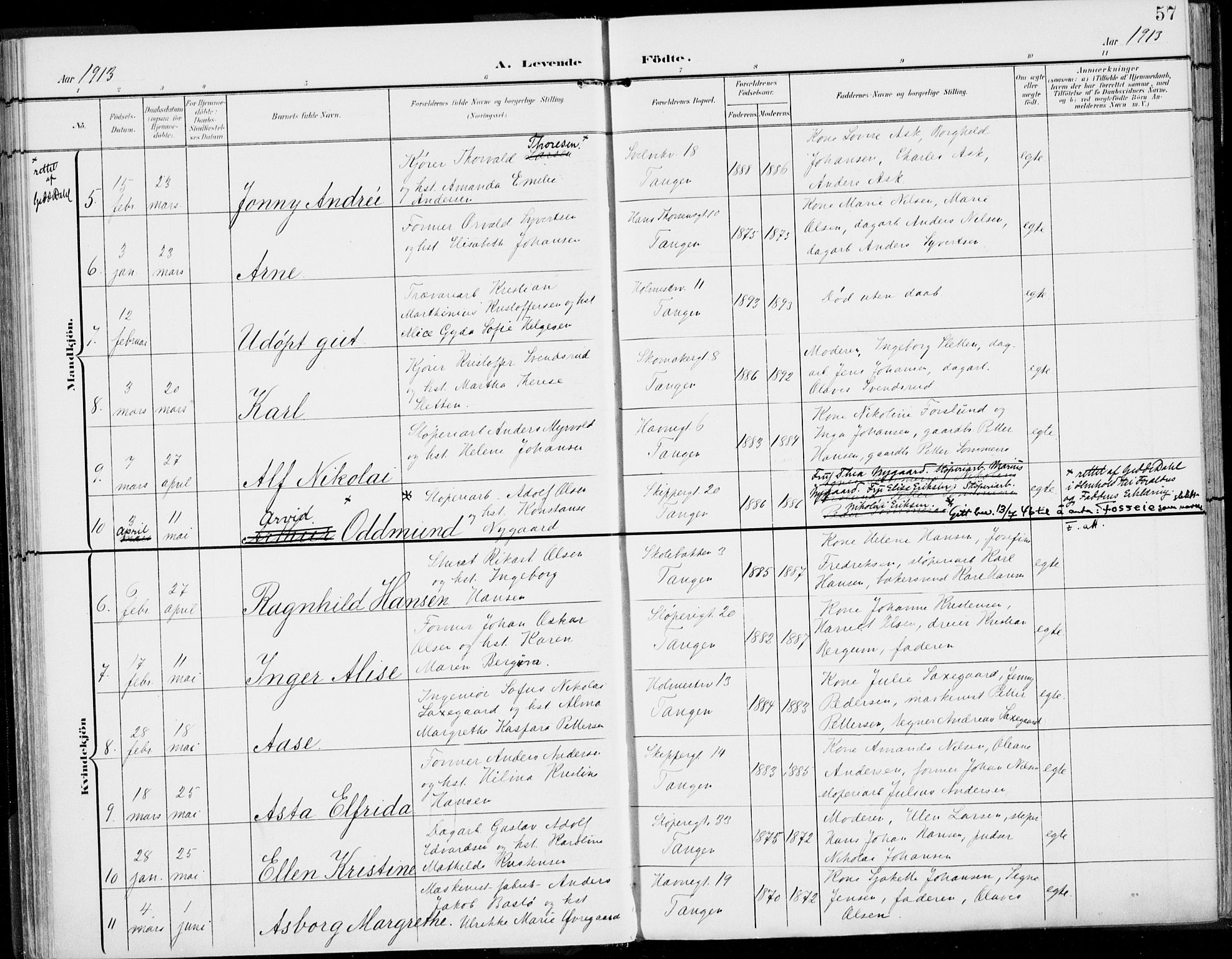 Strømsø kirkebøker, AV/SAKO-A-246/F/Fb/L0008: Parish register (official) no. II 8, 1902-1933, p. 57