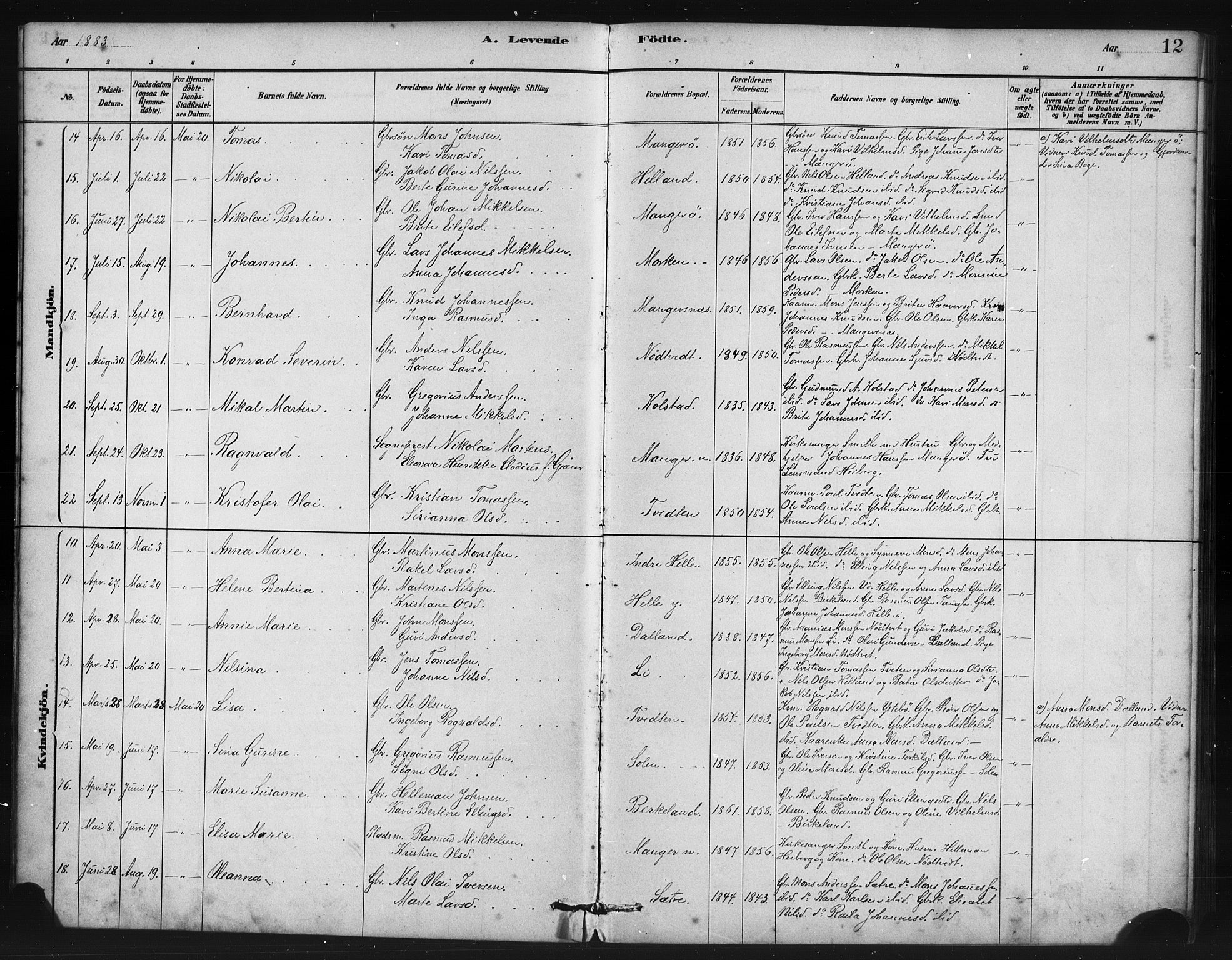 Manger sokneprestembete, SAB/A-76801/H/Haa: Parish register (official) no. B 1, 1881-1892, p. 12