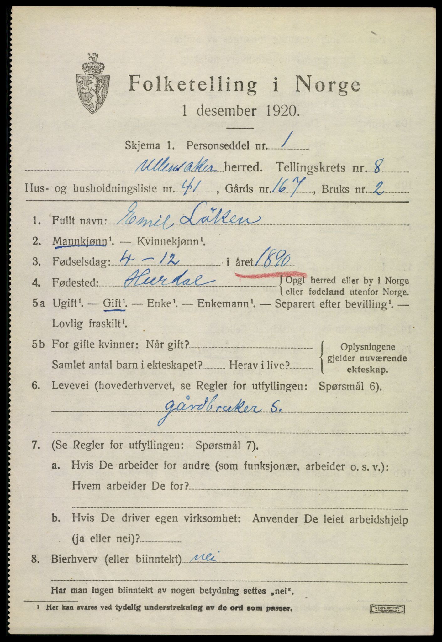 SAO, 1920 census for Ullensaker, 1920, p. 14641