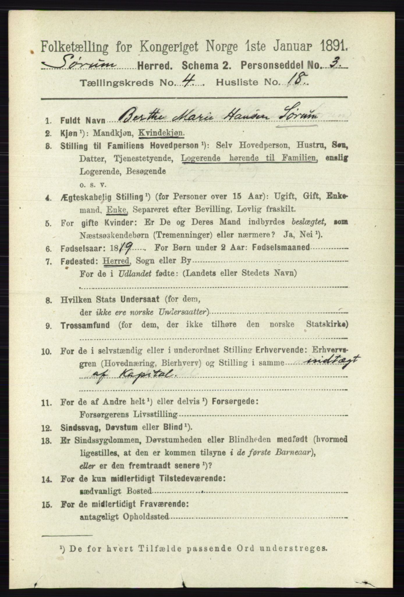 RA, 1891 census for 0226 Sørum, 1891, p. 1990